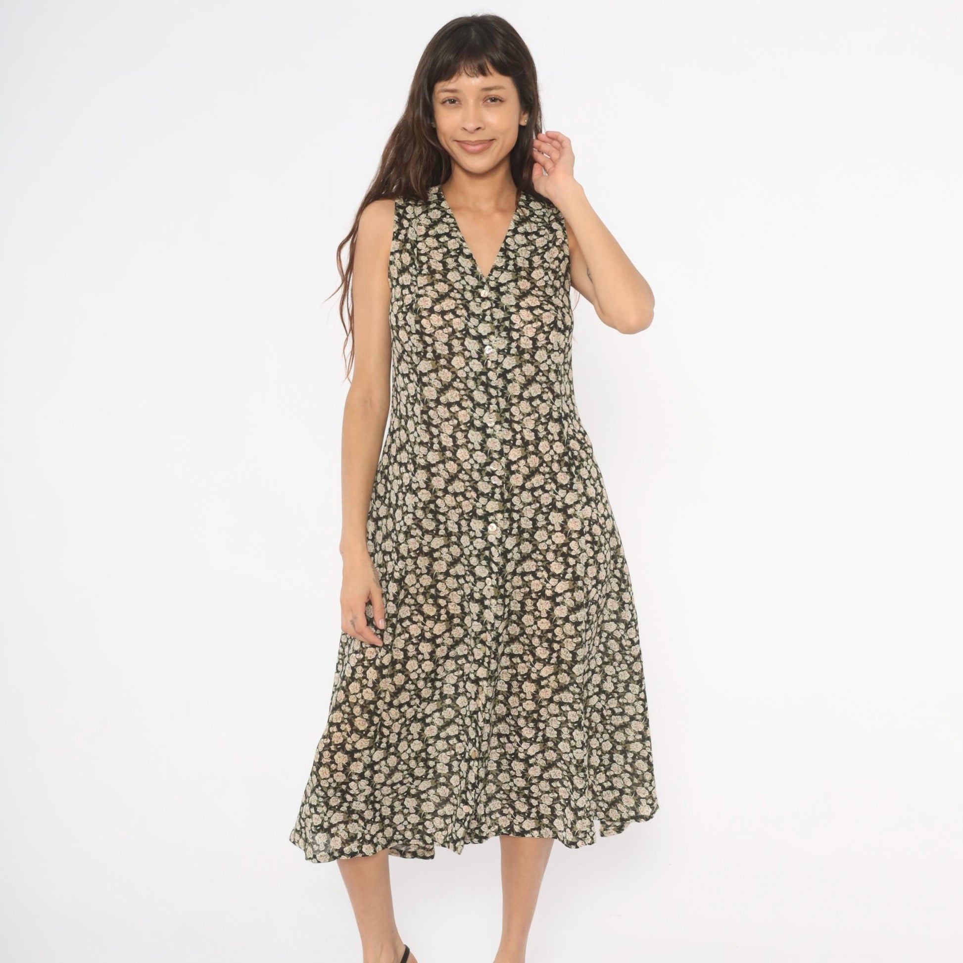 90s Express Floral Midi Dress V-Neck Black Cream Rose Print Size 9