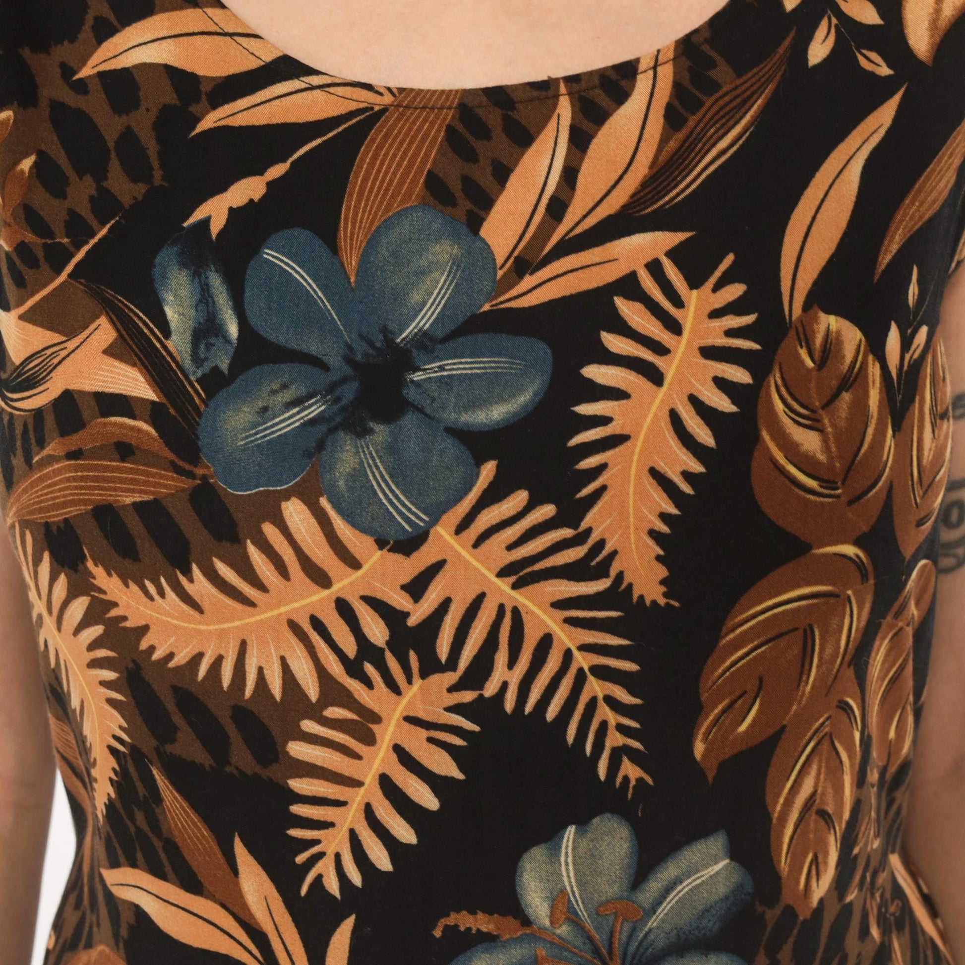 90s California Krush Tropical Floral Midi Dress Sleeveless Black Medium M