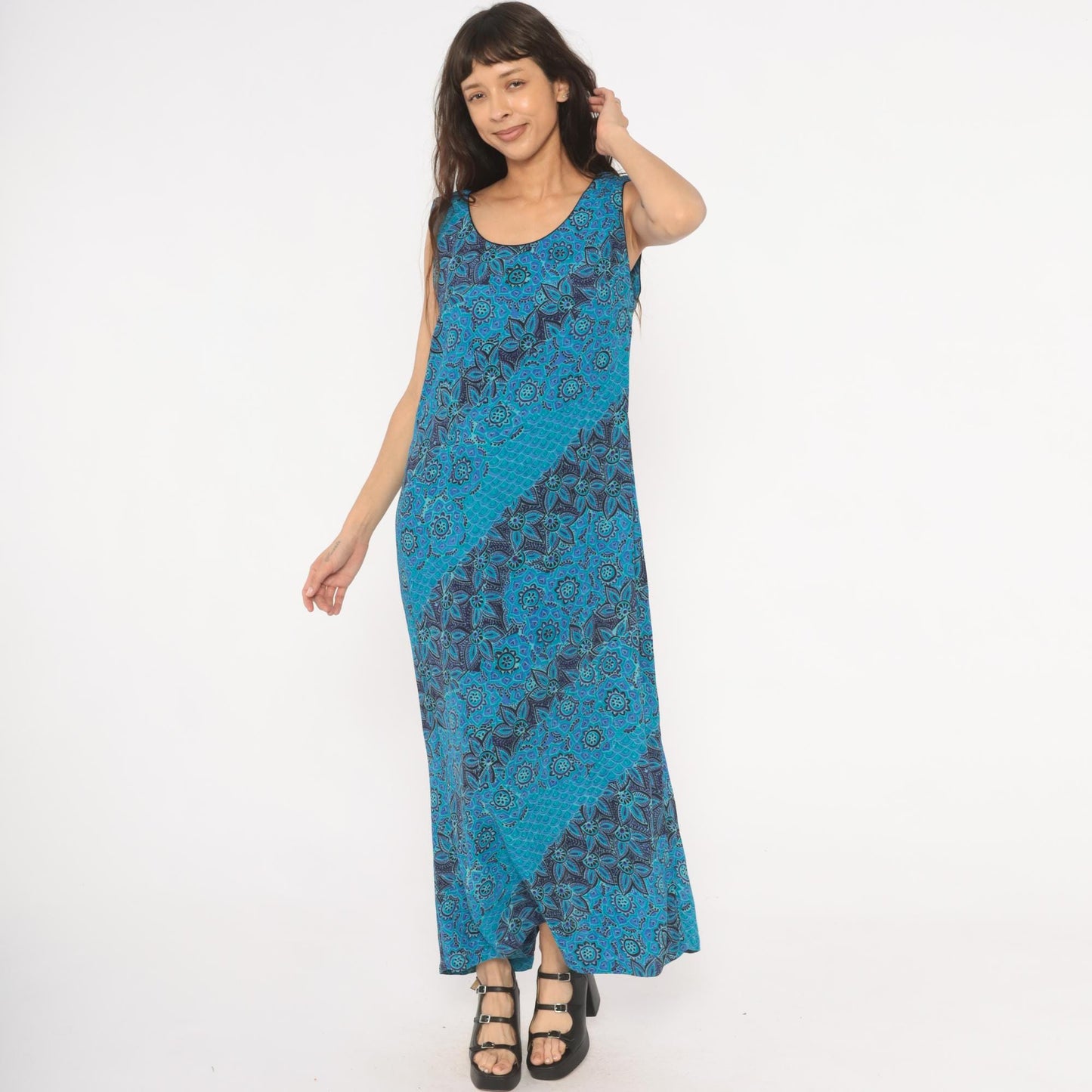 90s Sarah Elizabeth Batik Floral Maxi Dress Teal Navy Scoop Neck Tank Extra Large XL