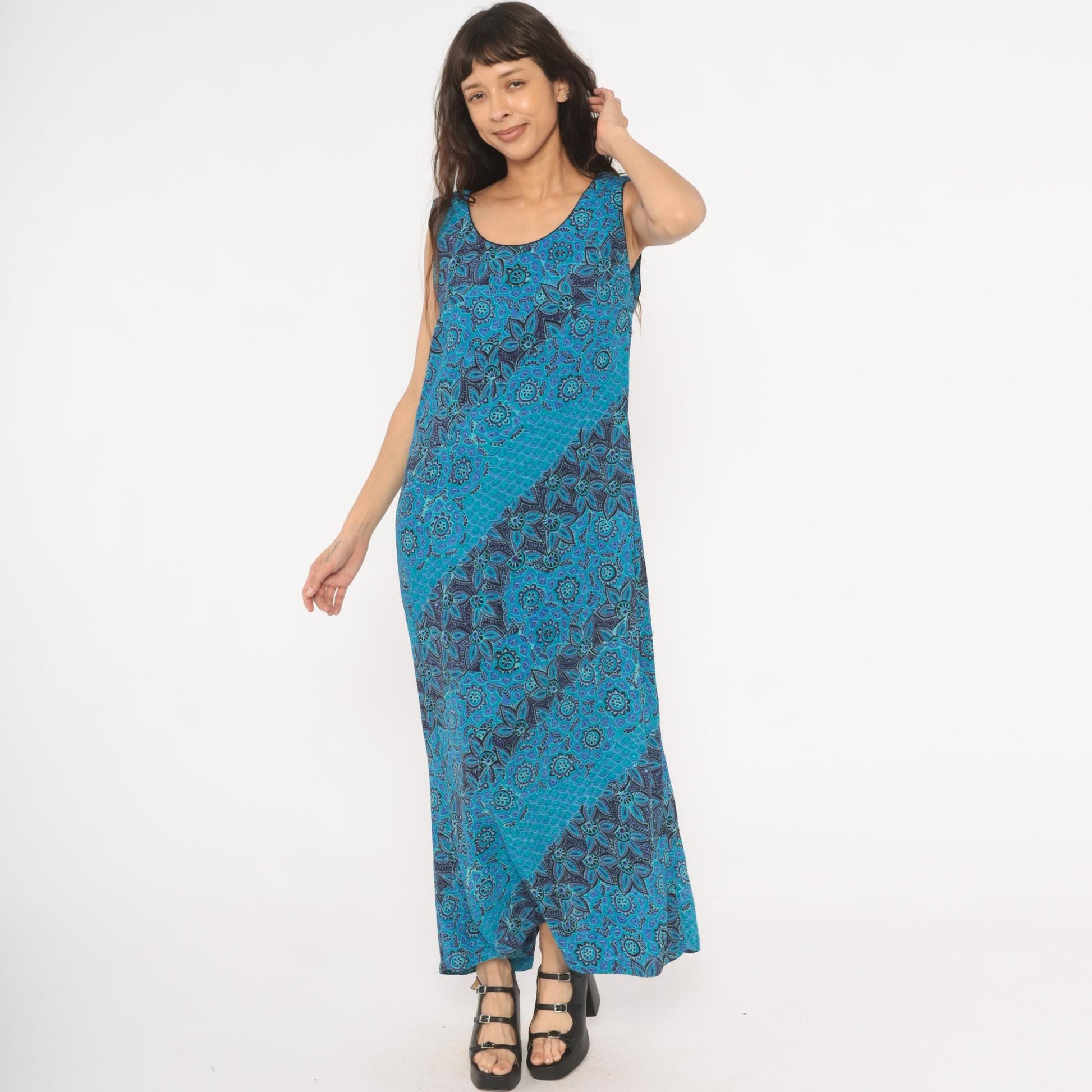90s Sarah Elizabeth Batik Floral Maxi Dress Teal Navy Scoop Neck Tank Extra Large XL