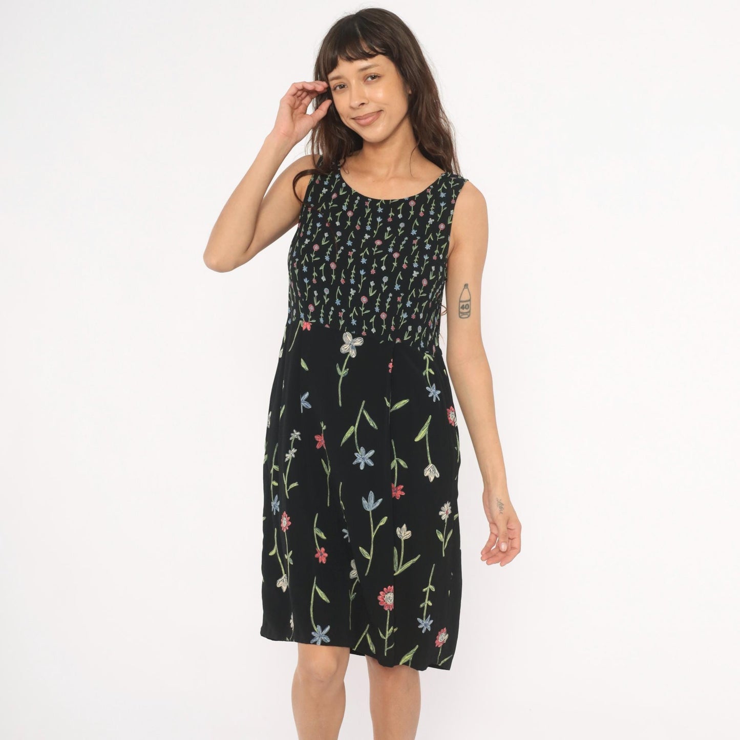 90s Putumayo Black Floral Sundress Knee Length Wildflower Embroidered Medium M