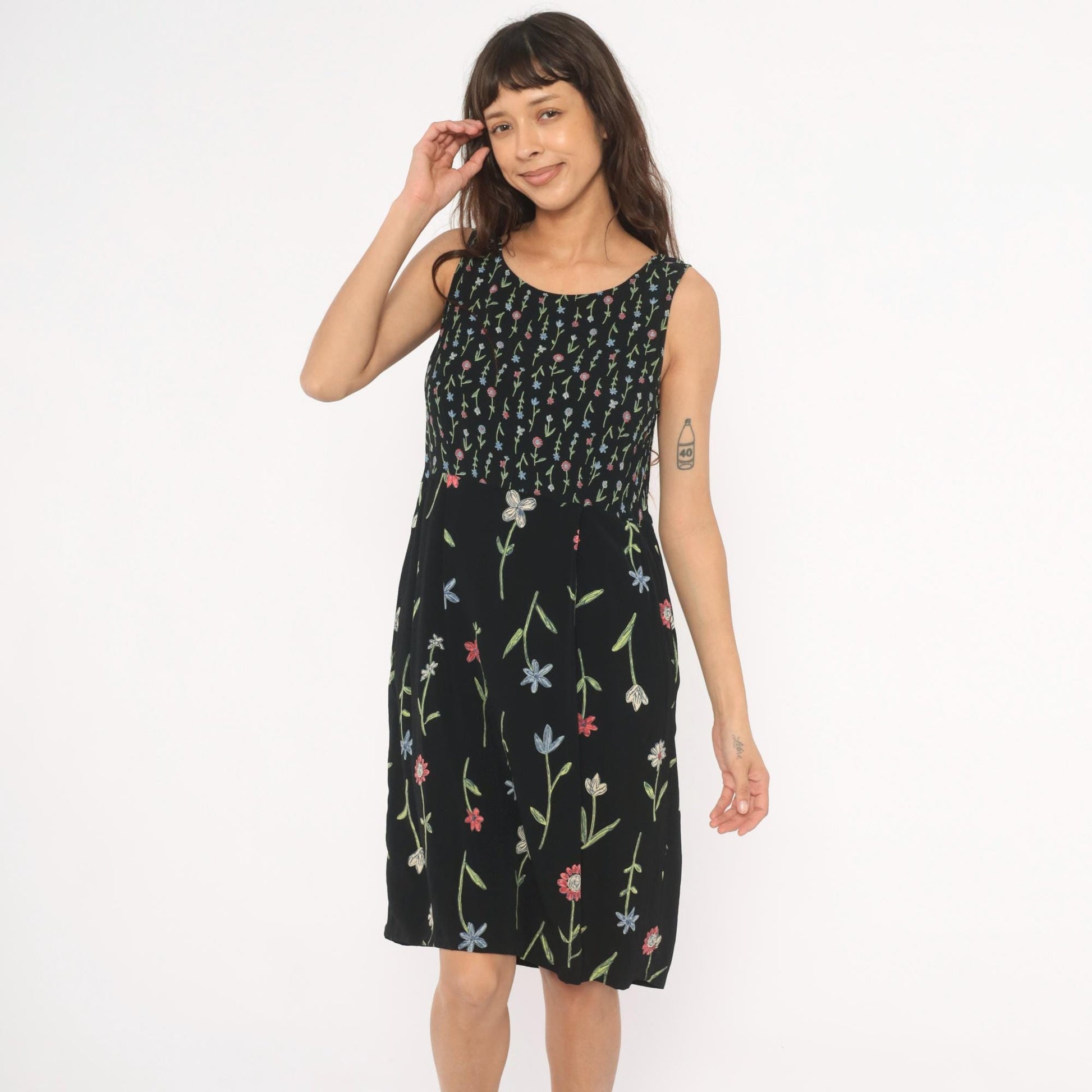 90s Putumayo Black Floral Sundress Knee Length Wildflower Embroidered Medium M