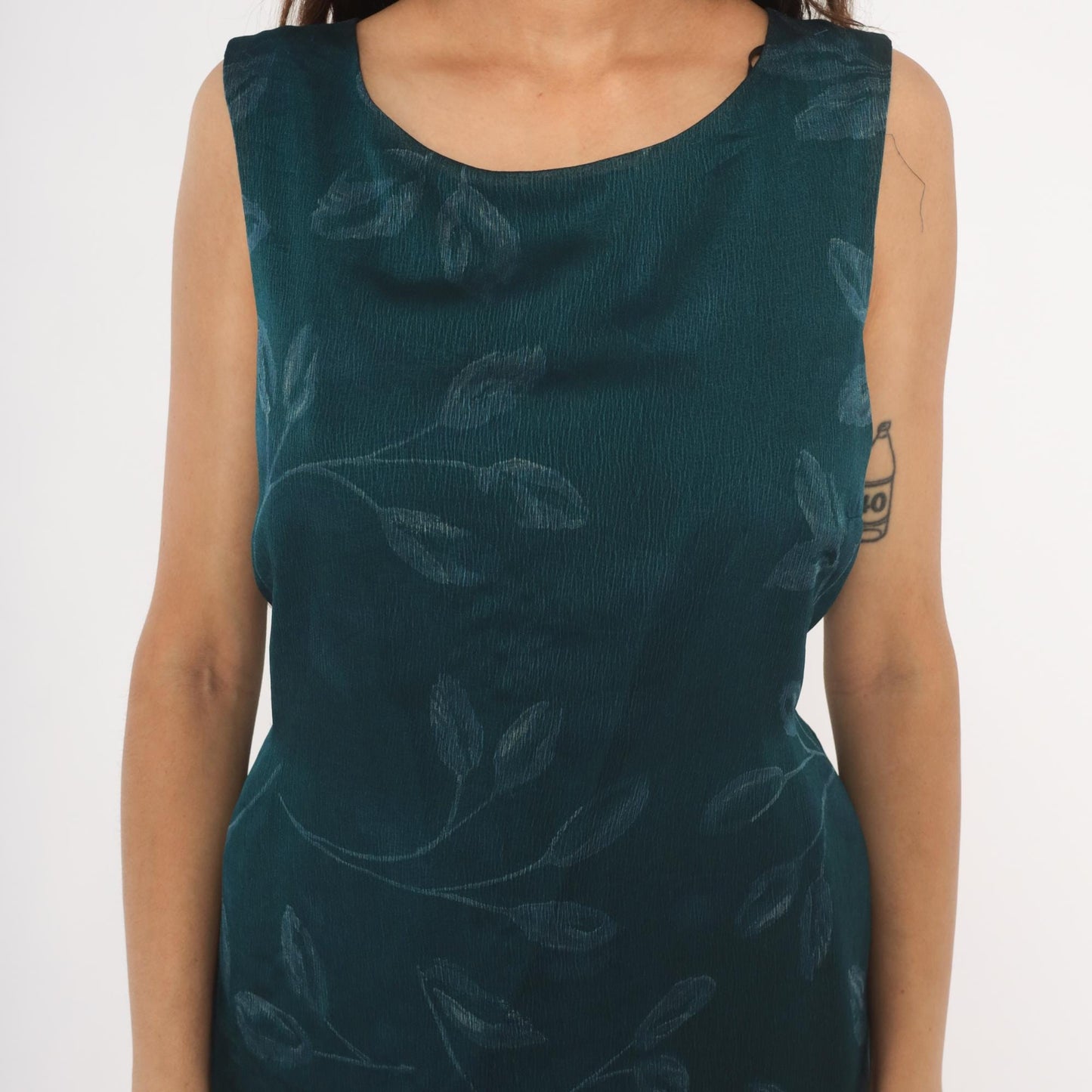 90s Norton Teal Leaf Print Sleeveless Sheath Dress Knee Length Large L
