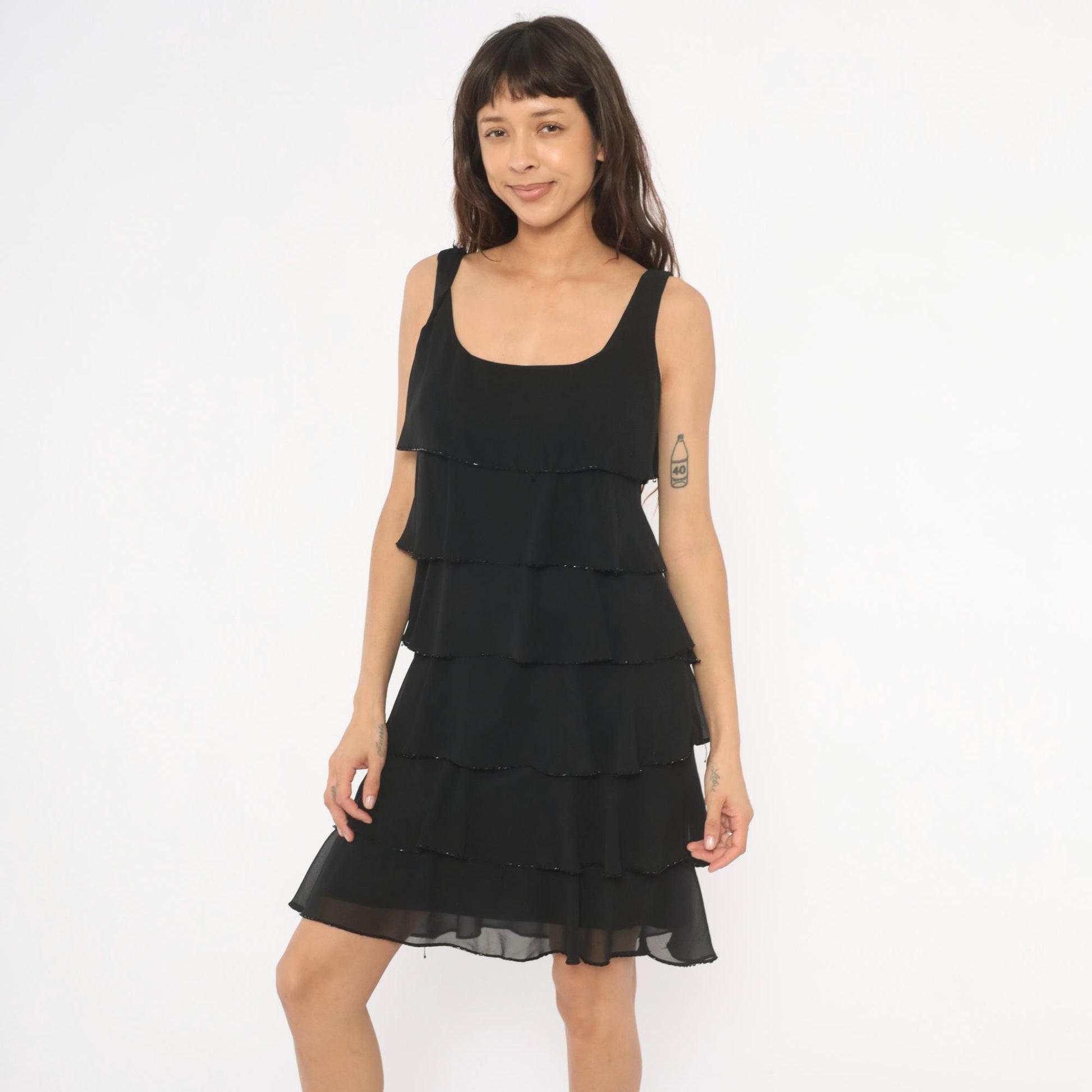 90s Patra Black Chiffon Tiered Ruffle Mini Dress Beaded Trim Medium M