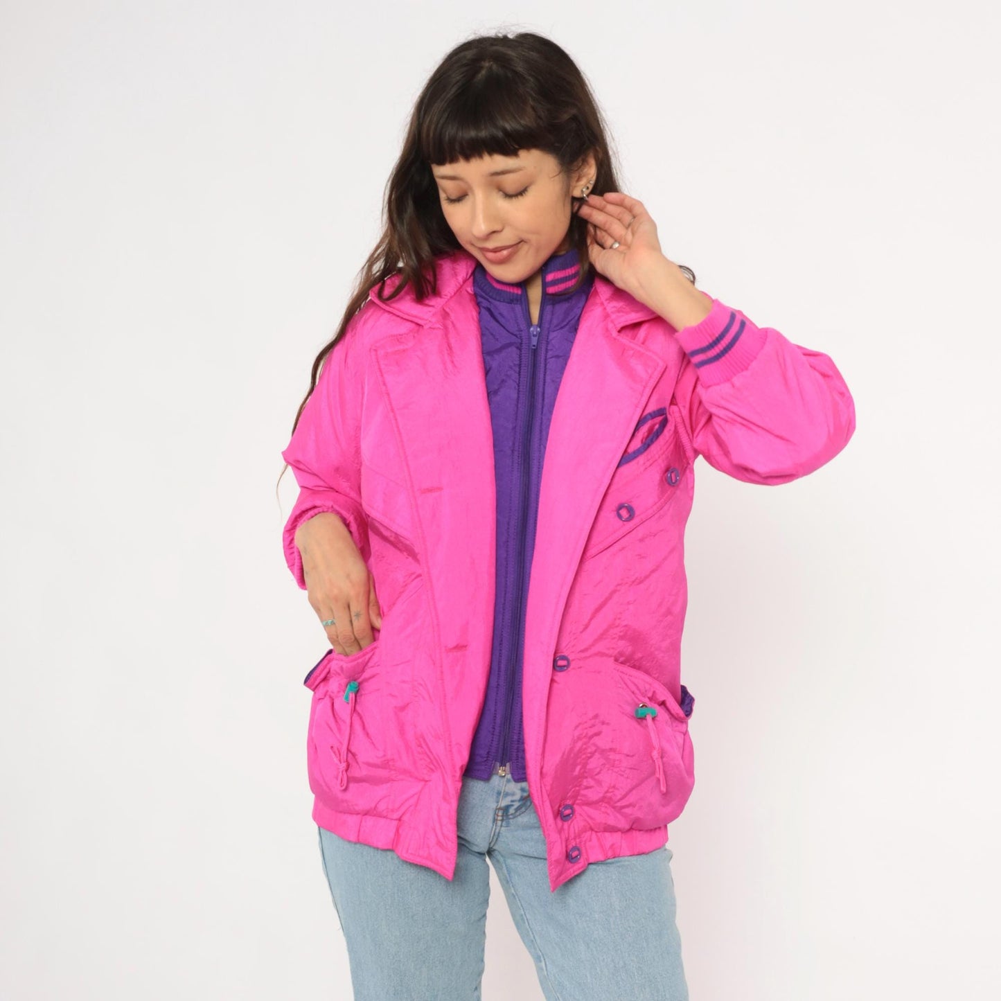90s Survival Club Hot Pink Nylon Windbreaker Double Breasted Purple Lined XS