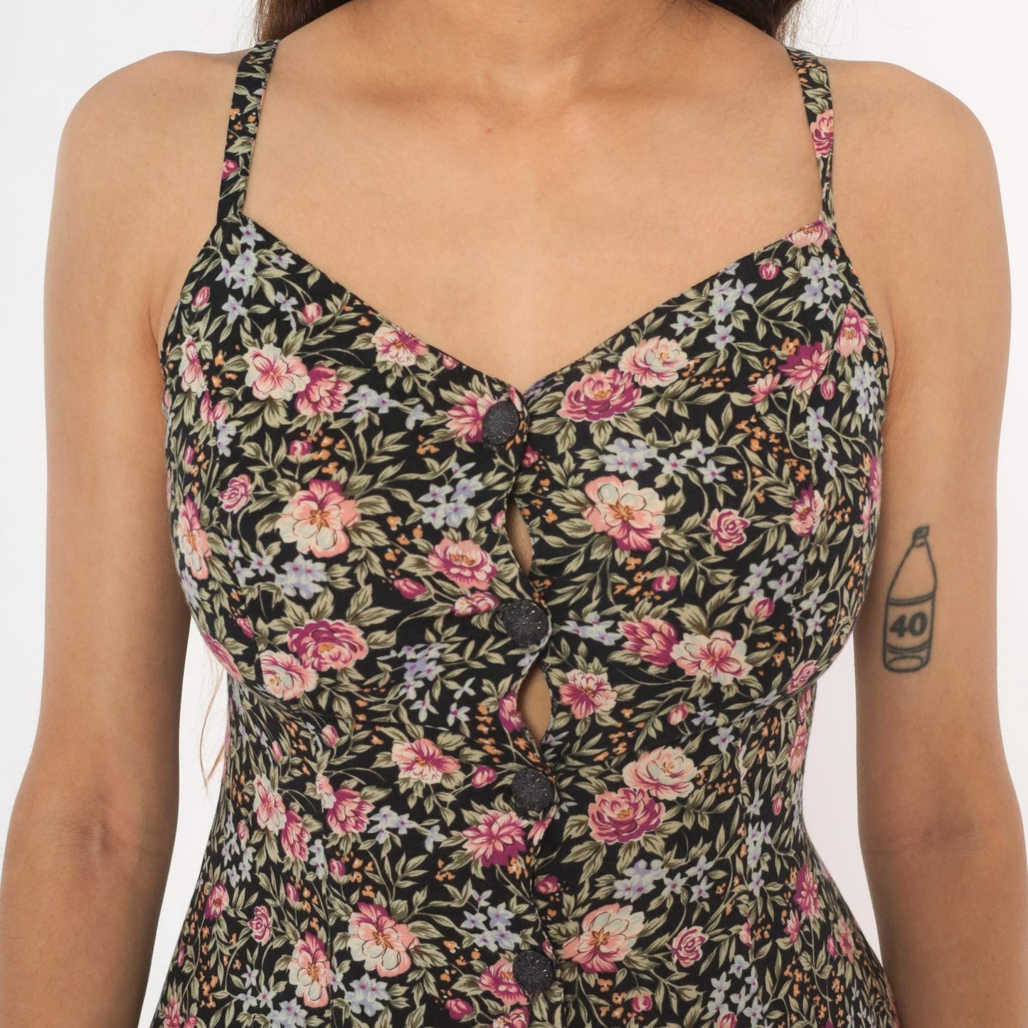 90s Black Floral Mini Sundress Pink Roses Lace-Up Back Spaghetti Strap Extra Small XS