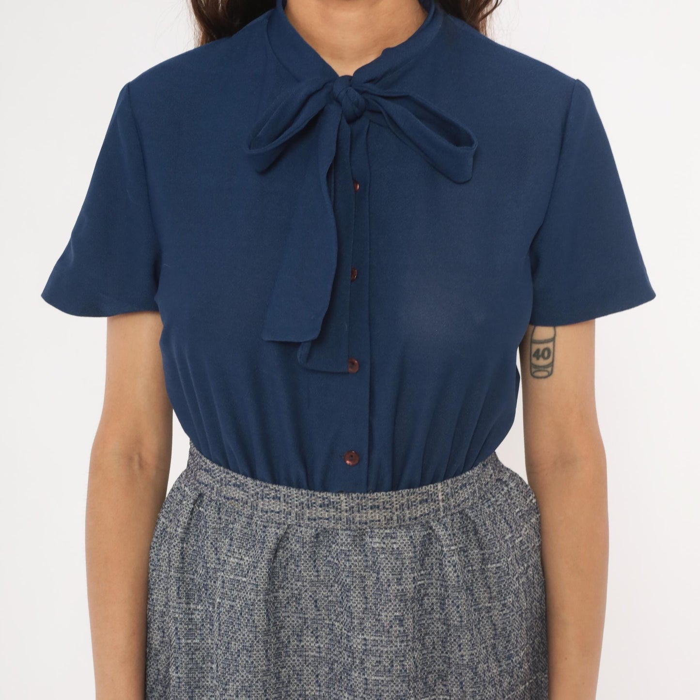 70s Sherri Lynn Navy Bow Tie Blouse Tweed A-Line Dress Knee Length Small