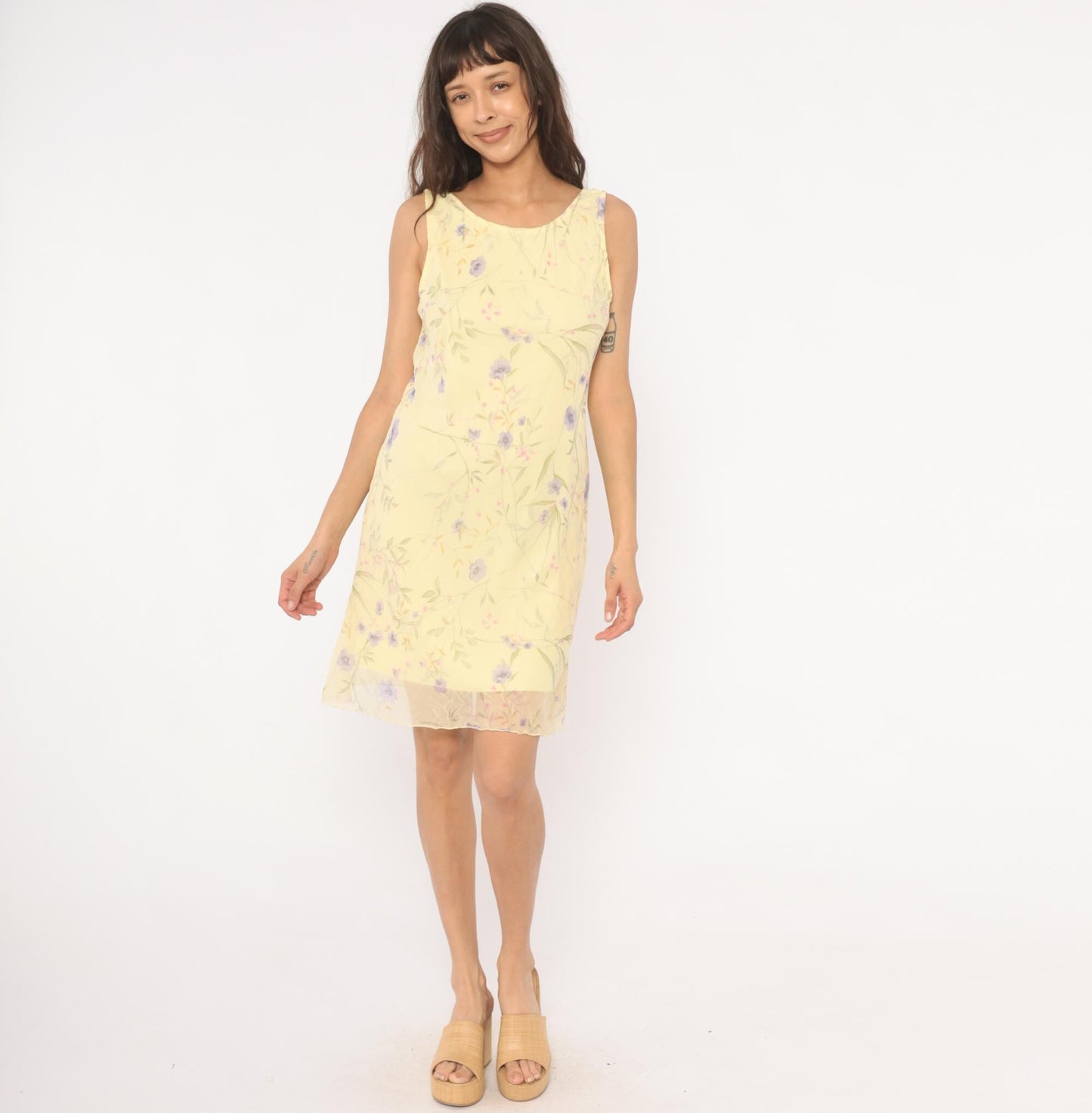 90s City Triangles Floral Chiffon A-Line Dress Yellow Lavender Small