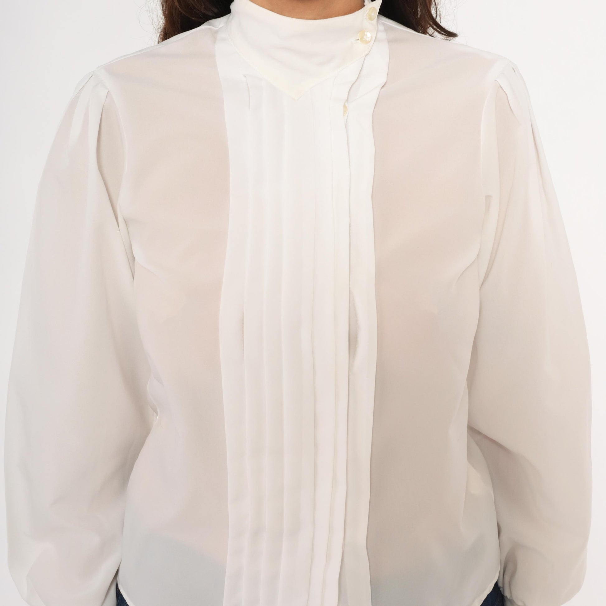 80s Kanga Sport White Pintuck Blouse Puff Sleeve High Collar Small S