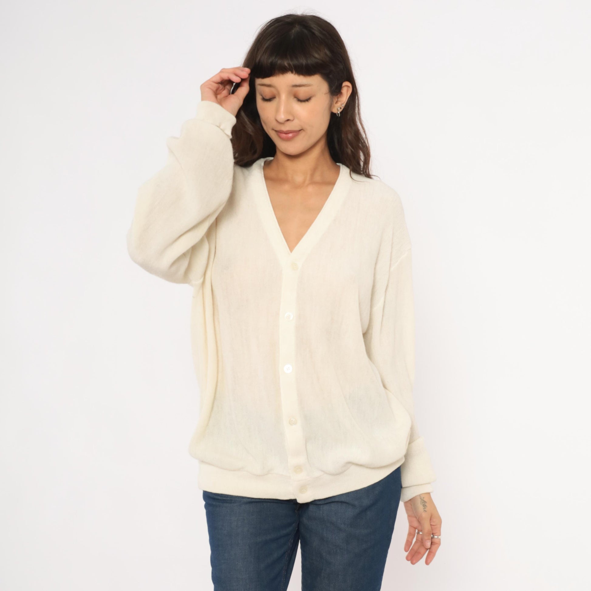 80s Jantzen Ivory Sheer Knit Cardigan V-Neck Button-Up Cream Large L