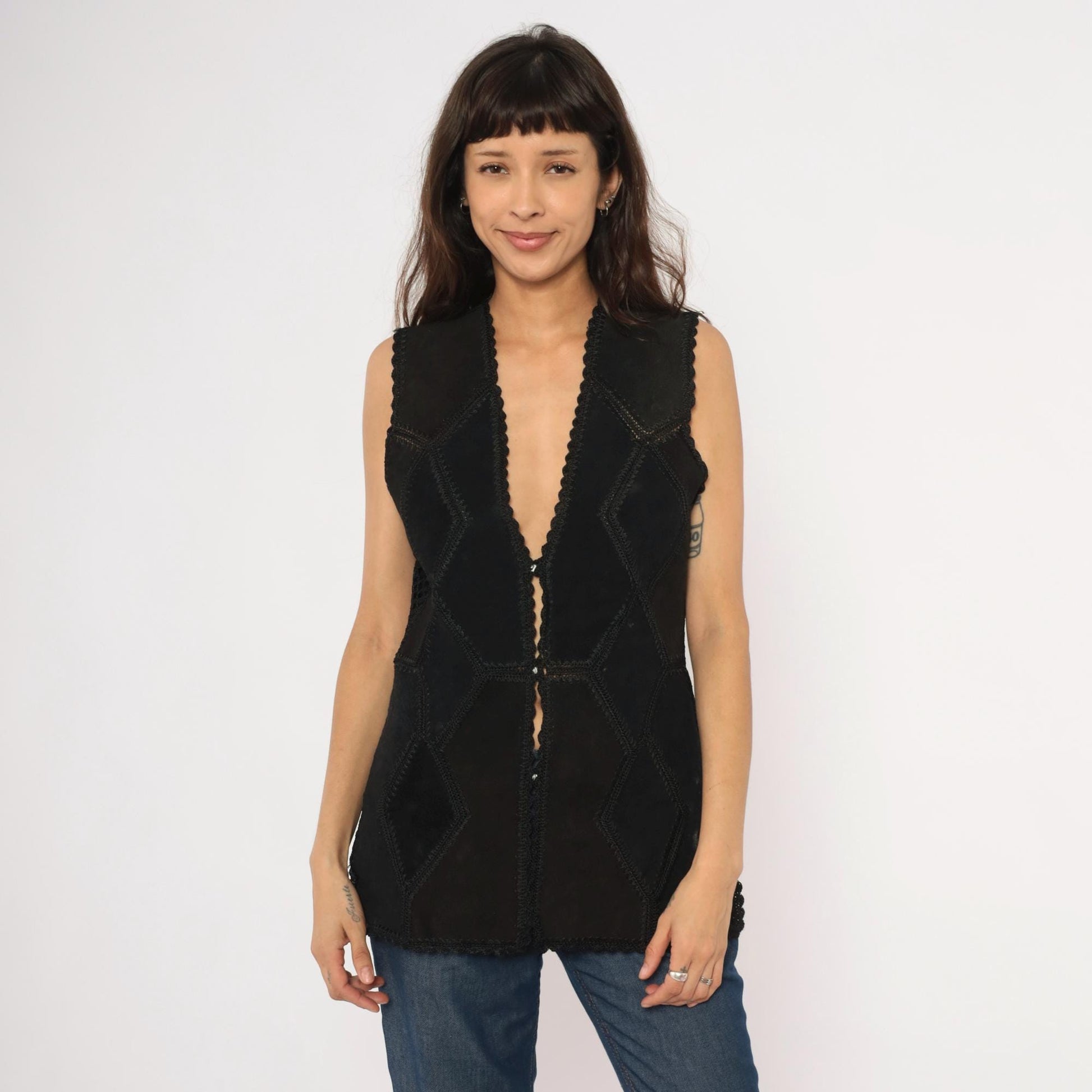 90s Reversible Black Suede Lace Vest Floral Crochet Trim Medium M