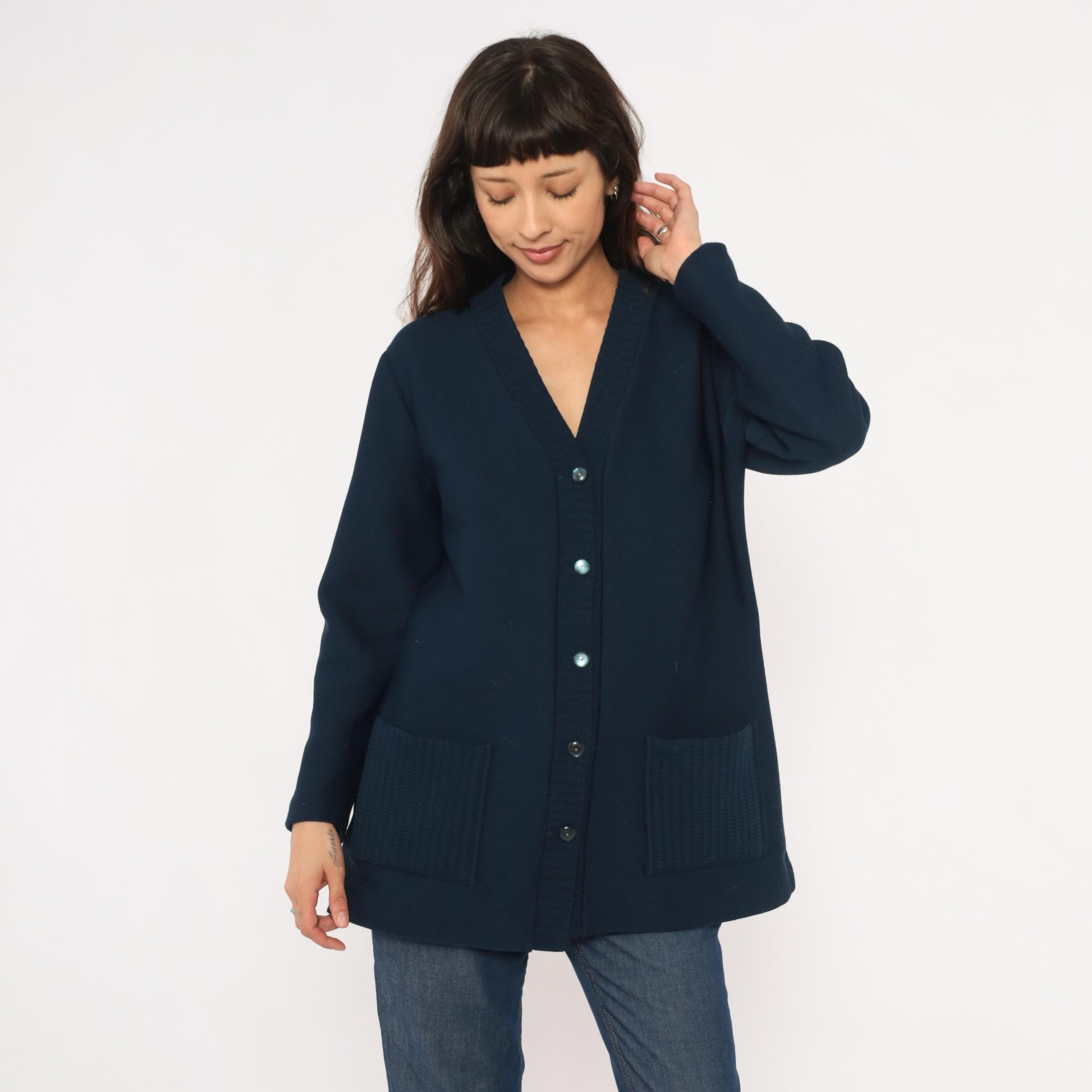 70s Navy Button Front Cardigan V Neck Knit Sweater Patch Pocket Large L
