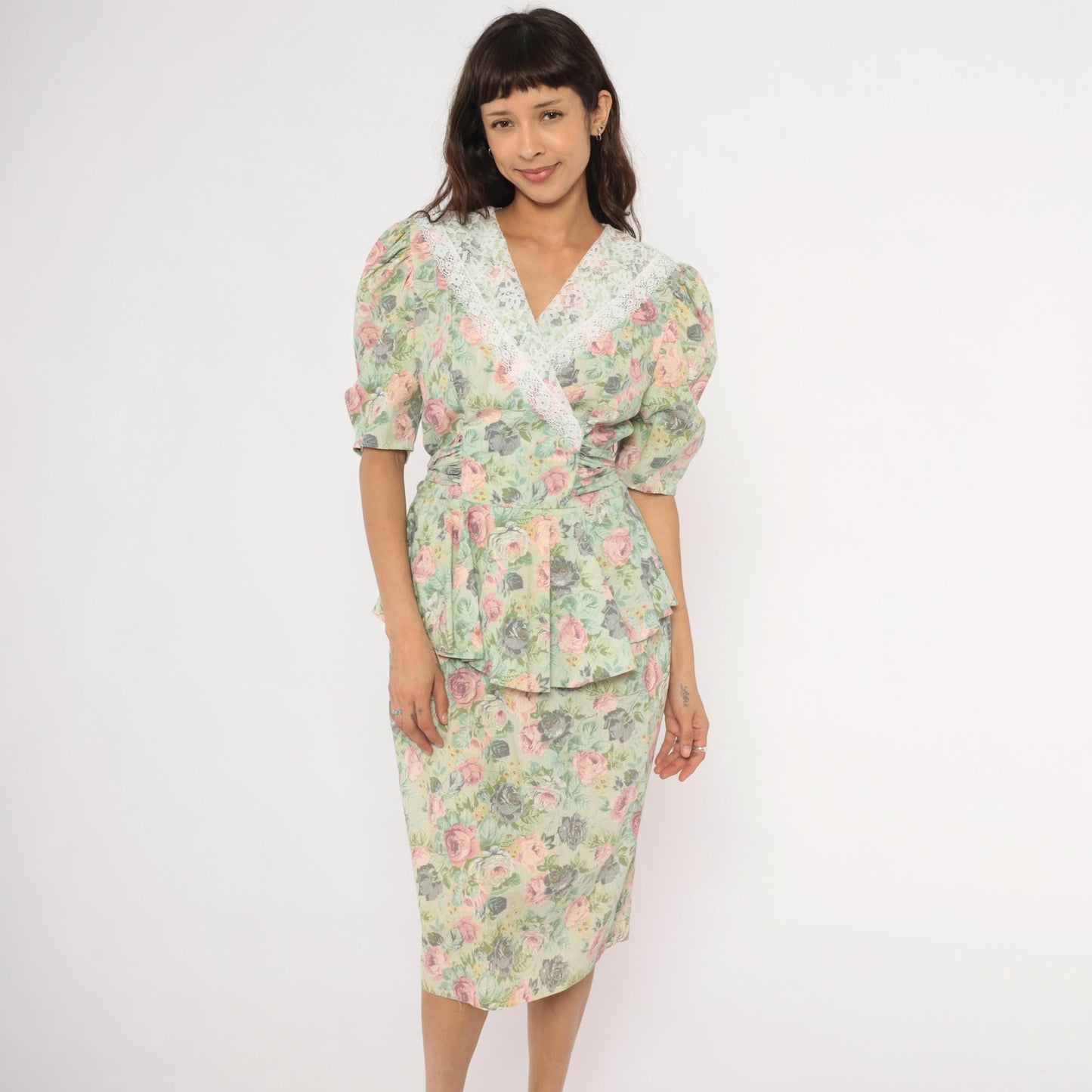 90s Sage Floral Peplum Dress Pink Rose Lace Collar Puff Sleeve Medium M