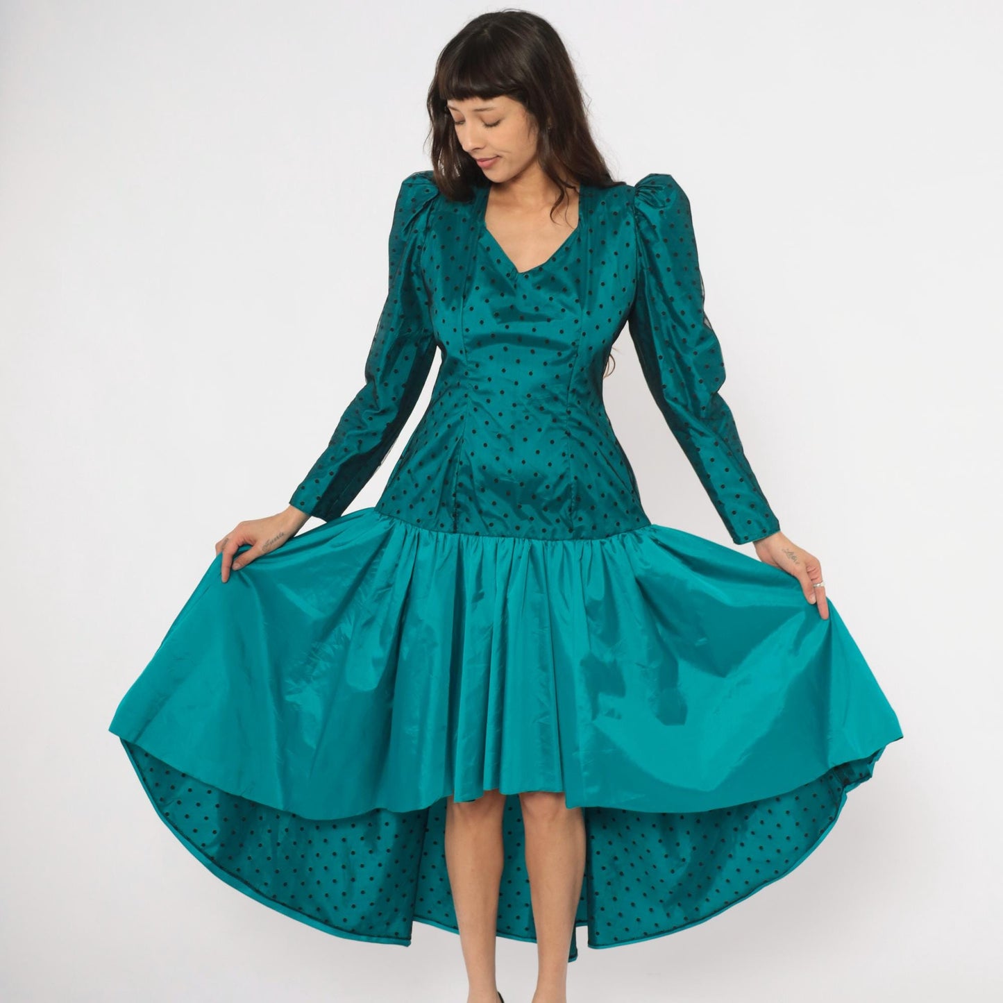 80s Milt Russell Original Teal Polka Dot Puff Sleeve Gown High-Low Medium M
