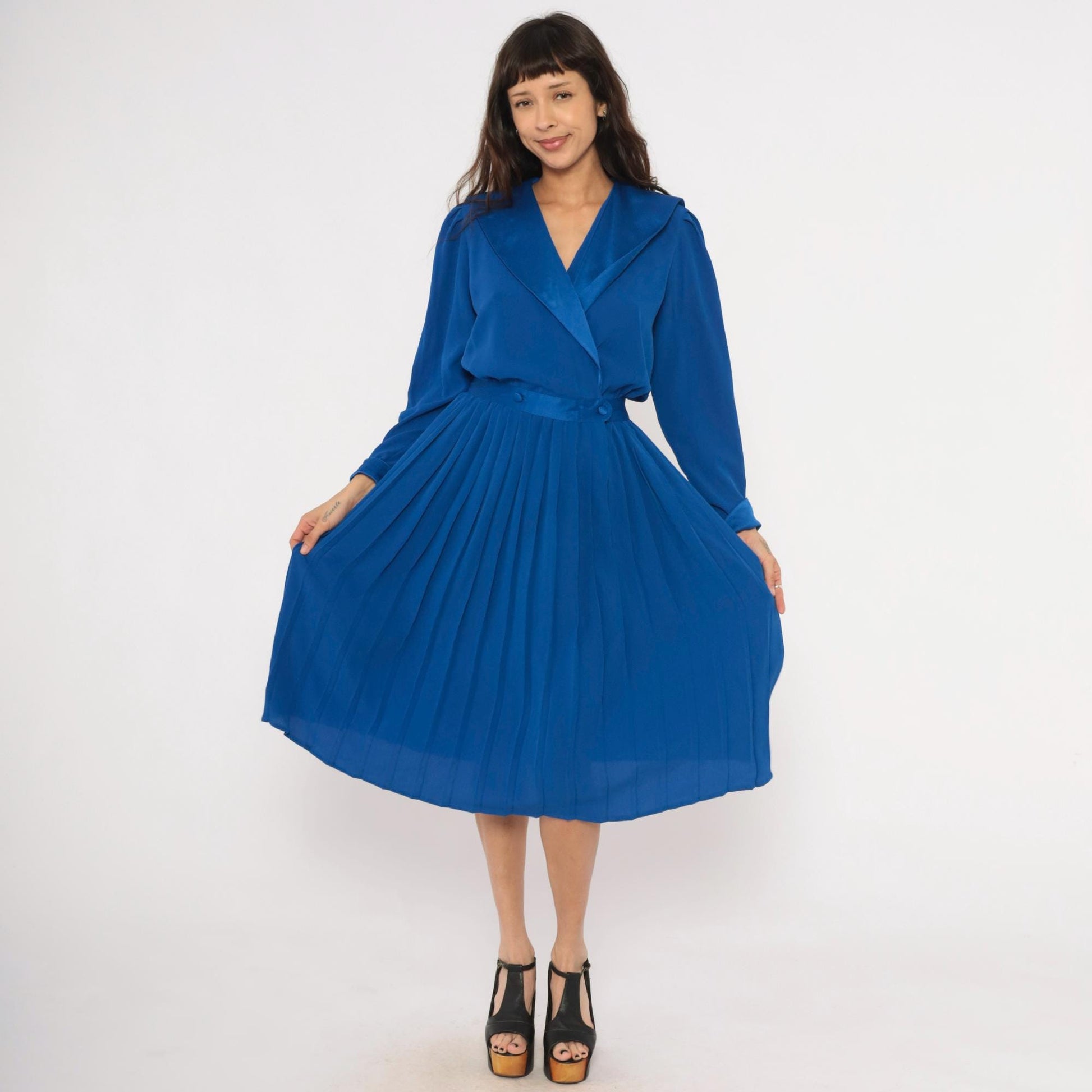 90s Petites for Maggy Cobalt Wrap Dress Puff Sleeve Pleated Knee-Length Medium