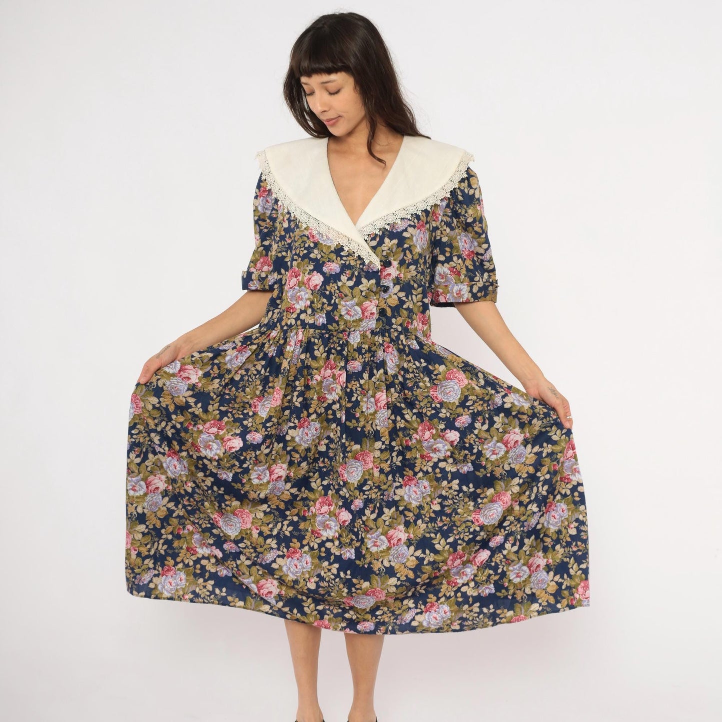 80s Tina Barri Floral Midi Dress Navy Rose Lace Collar Short Sleeve Extra Large