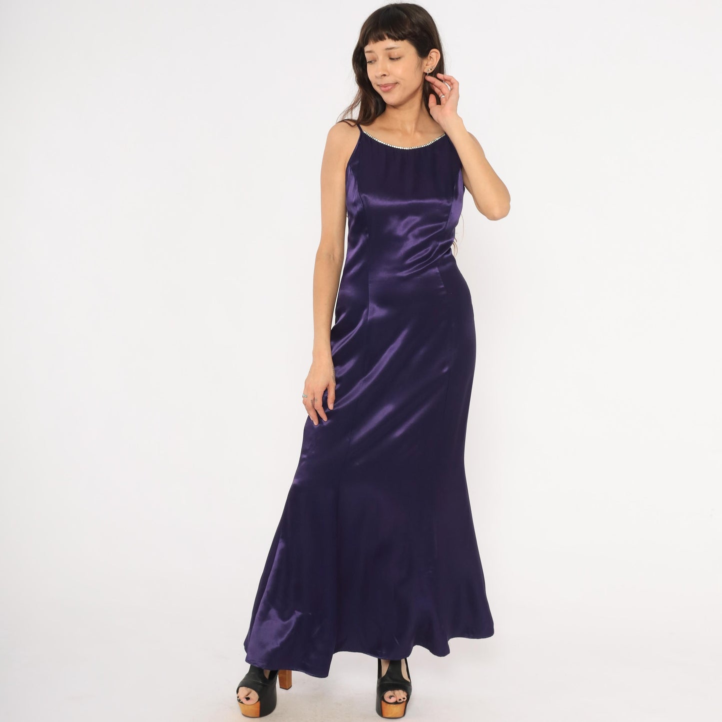 90s Jessica McClintock Gunne Sax Purple Satin Maxi Gown Rhinestone Small S
