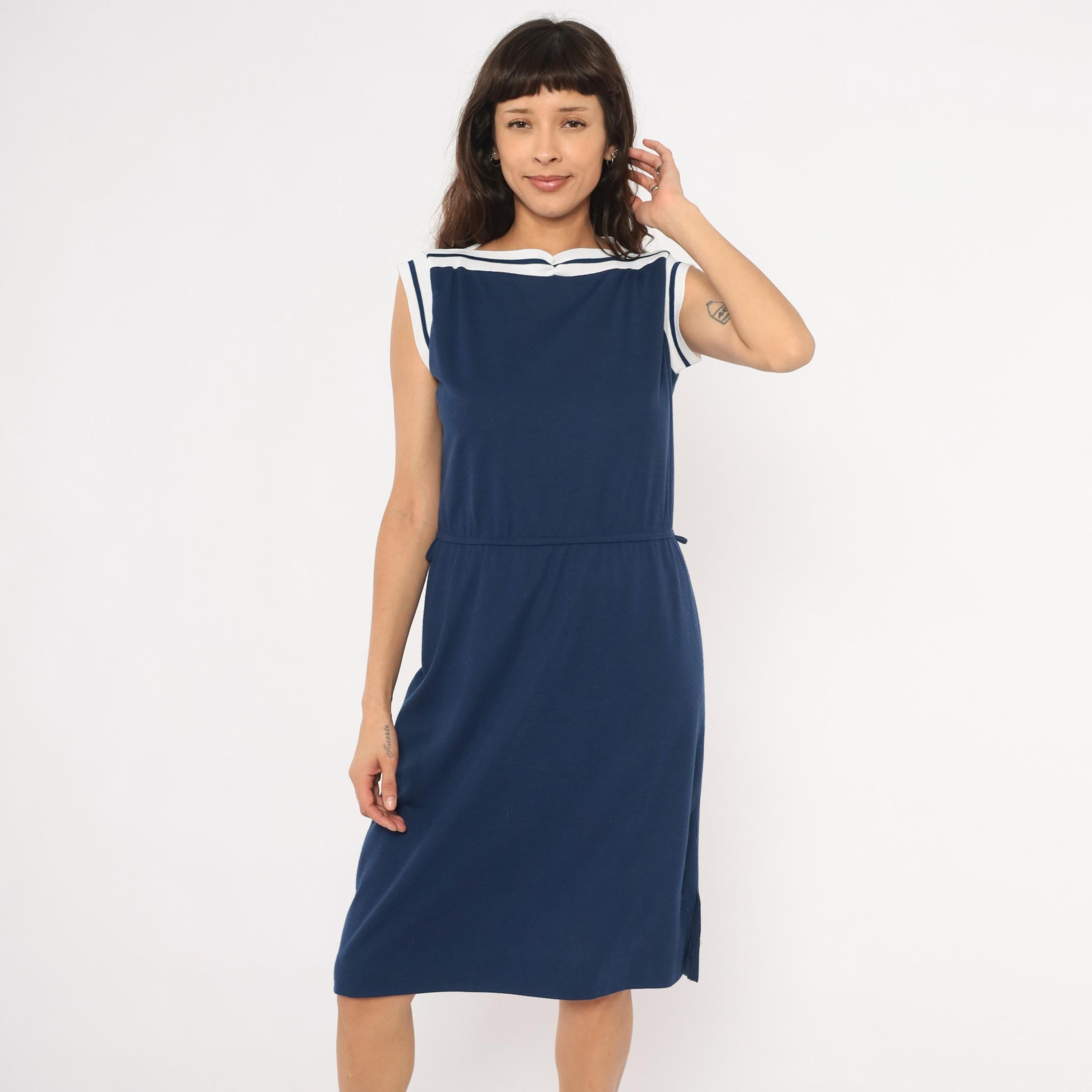 80s Navy Sailor Collar Dress Knee Length White Stripe Trim Cap Sleeve Large L