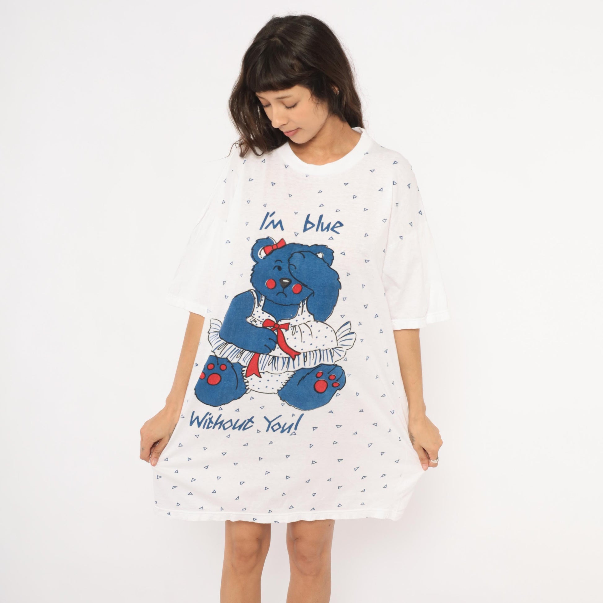 90s Tracys Place Blue Bear Nightshirt White Cotton Graphic Sleep Tee One Size