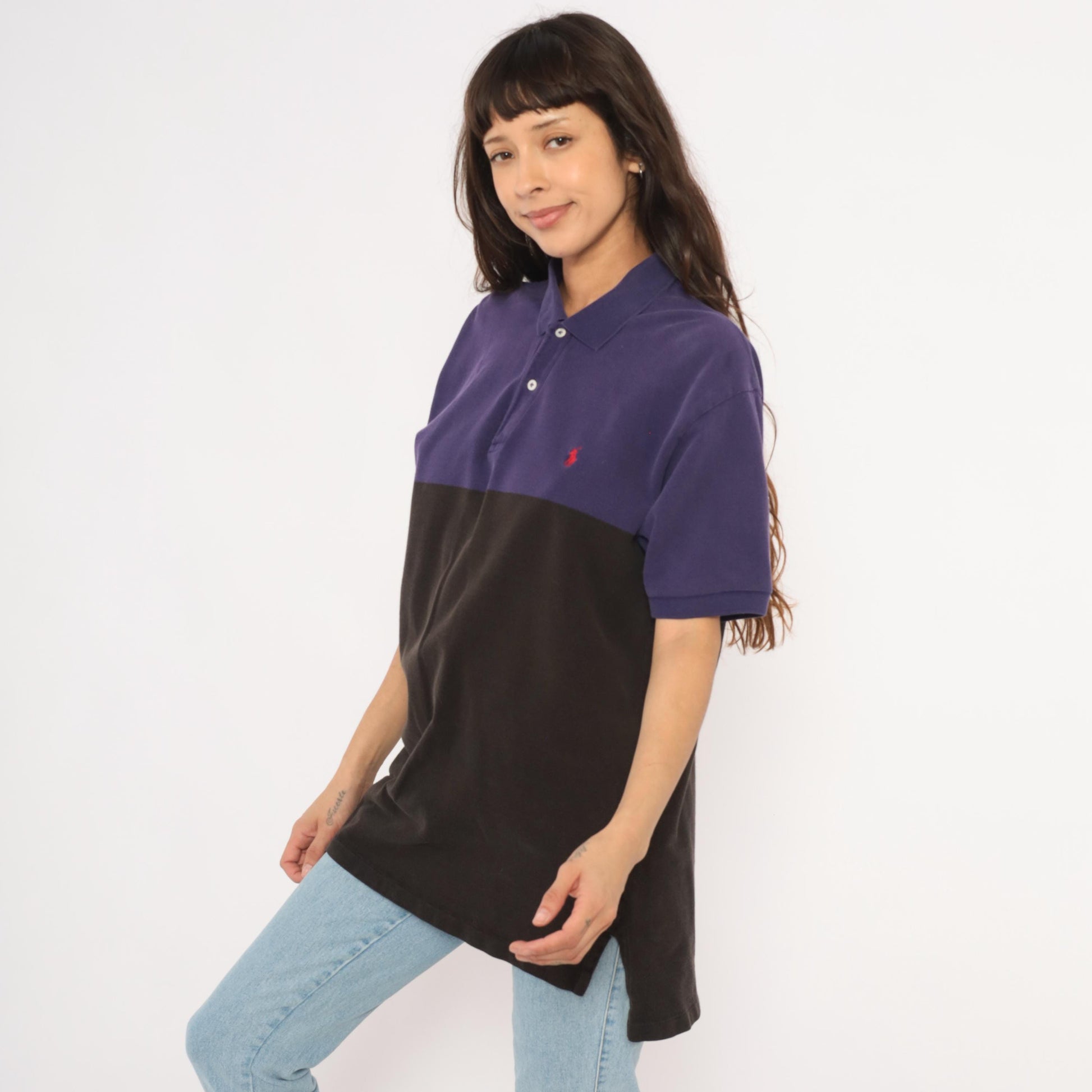 90s Polo by Ralph Lauren Color Block Pique Polo Purple Navy Black Cotton Large L