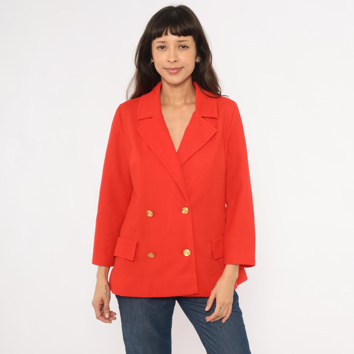 70s Bodin Knits Red Double Breasted Blazer Gold Buttons Medium M