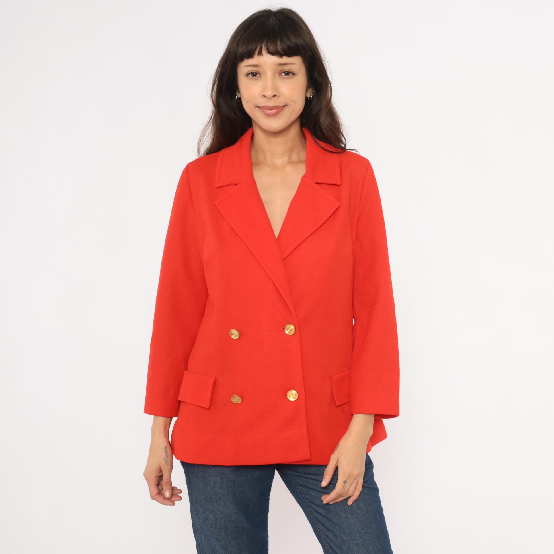 70s Bodin Knits Red Double Breasted Blazer Gold Buttons Medium M