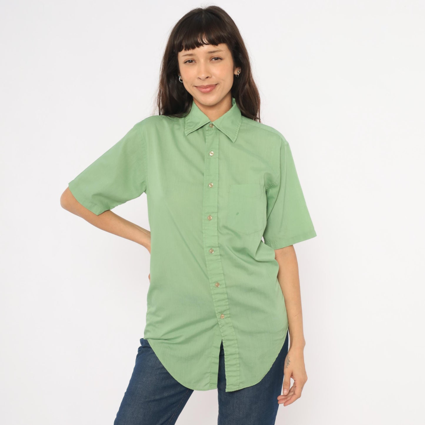 70s Mossini Sage Green Button Down Shirt Short Sleeve Pointed Collar Small
