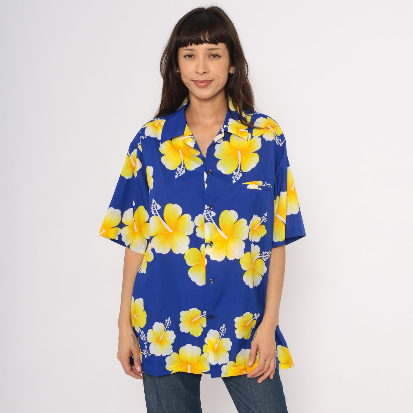 90s Hilo Hatties Hawaiian Hibiscus Shirt Cobalt Blue Yellow Camp Collar Extra Large XL