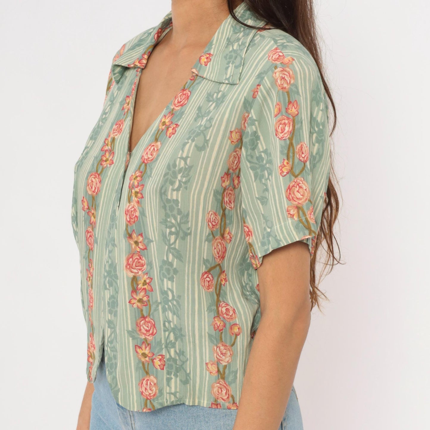90s ICI Sage Green Striped Rose Vine Blouse V Neck Crop Top Large L