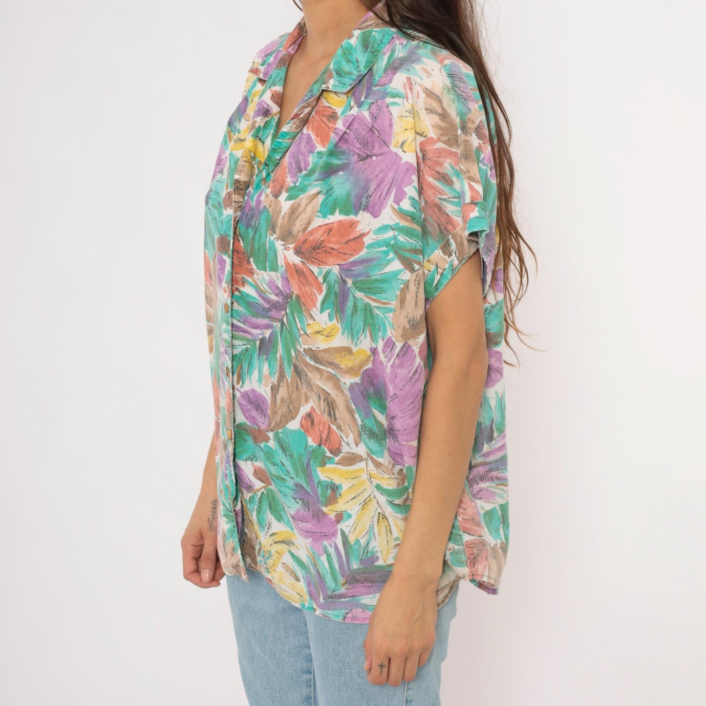 90s Cabrais Tropical Leaf Print Camp Collar Shirt Teal Purple Coral Plus Size XXL