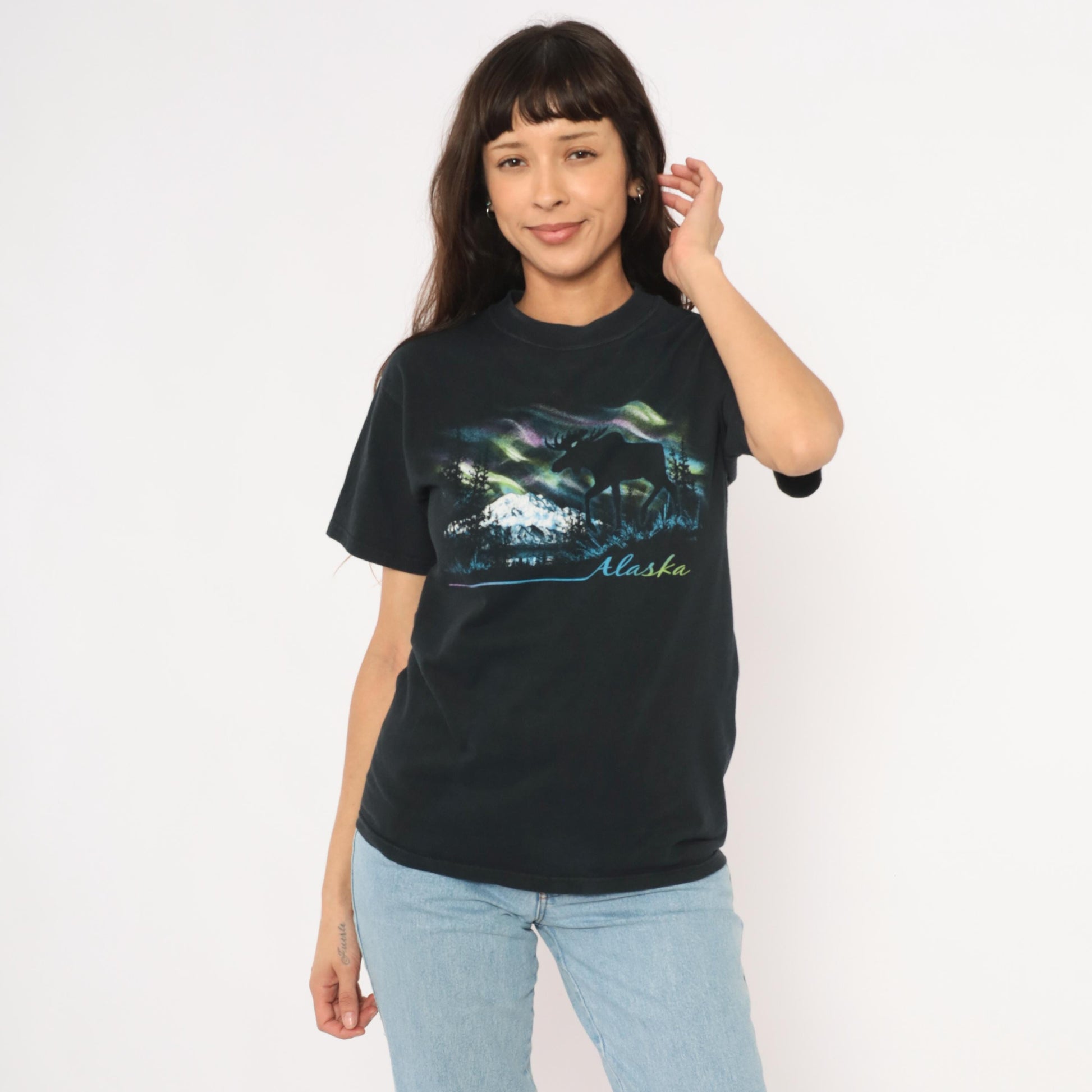 Y2K Alaska Moose Aurora Borealis Graphic Tee Black Cotton Small S