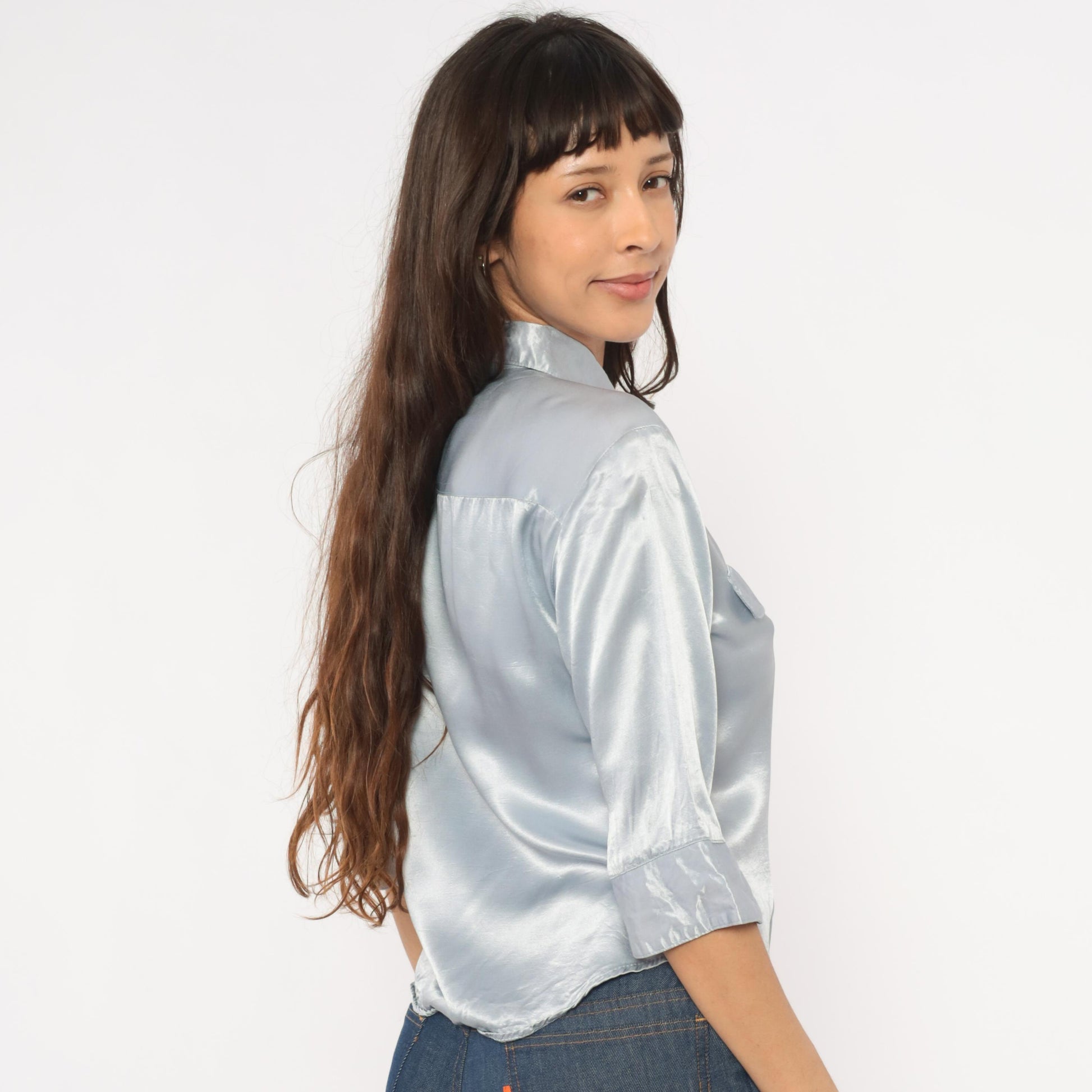 90s Younique Silver Satin Button Blouse Three Quarter Sleeve Small