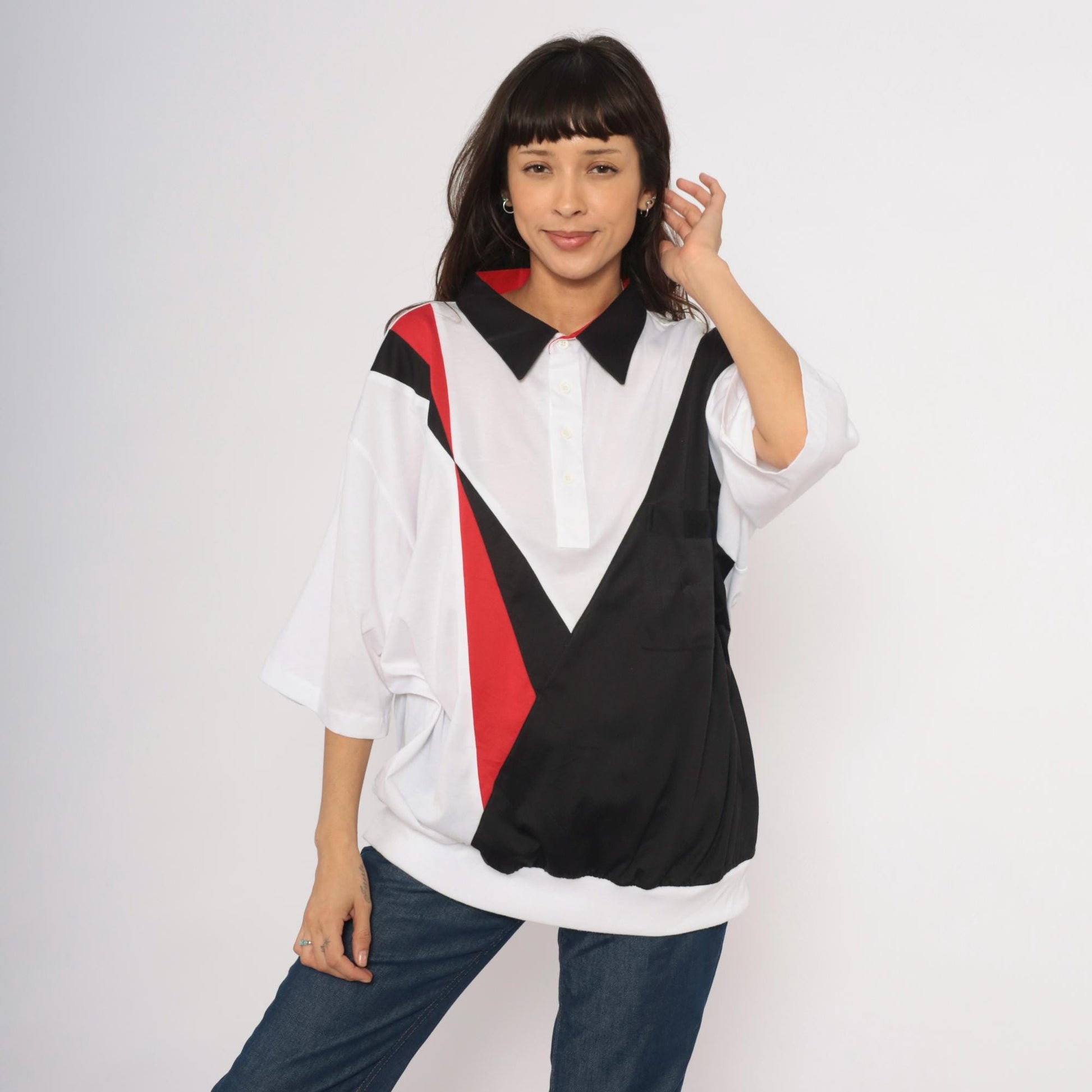80s Envoy Colour Block Polo Chevron White Black Red Plus Size XXL