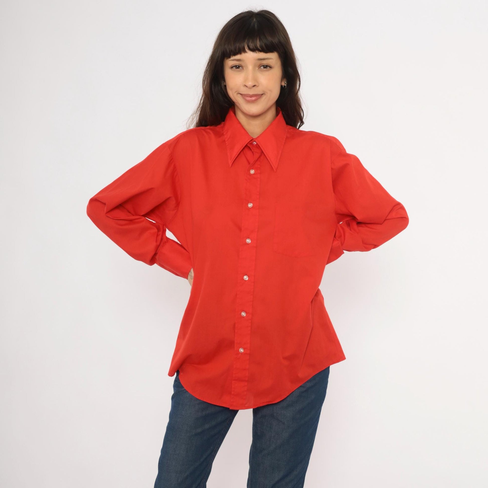 70s Golden Vee Red Button-Up Shirt Pointed Collar Long Sleeve Medium