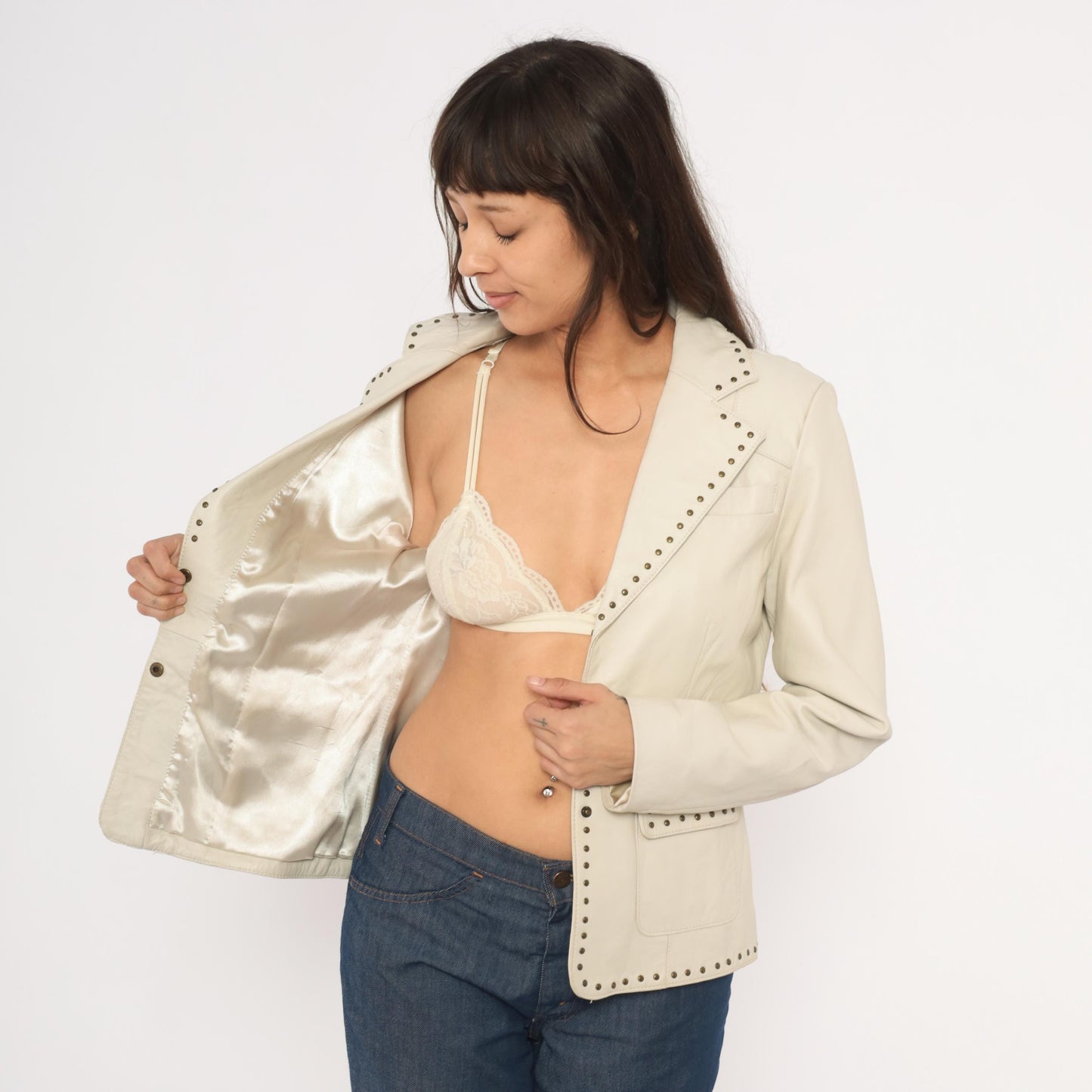 2000s Uniform John Paul Richard Studded Lamb Leather Blazer Cream Medium M