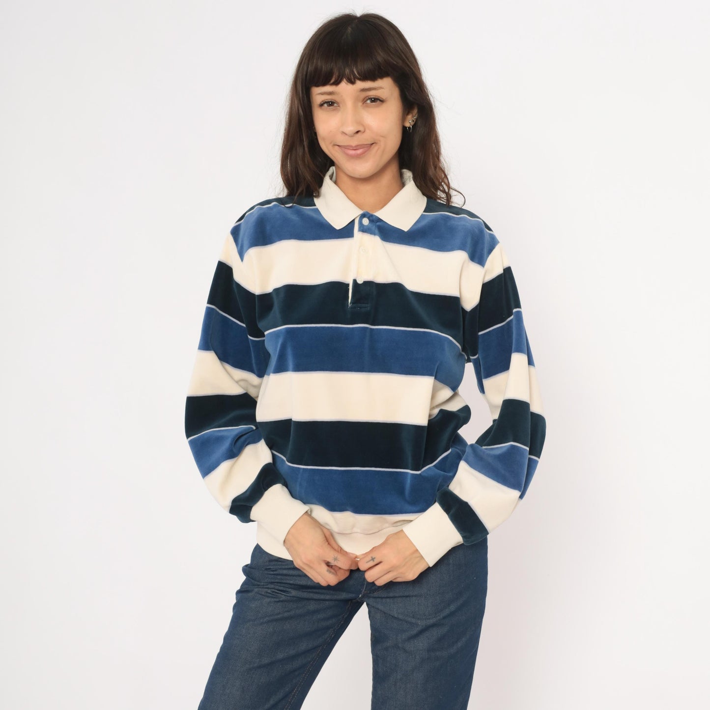 80s Damon Striped Velour Rugby Polo Cream Navy Collared Pullover Medium