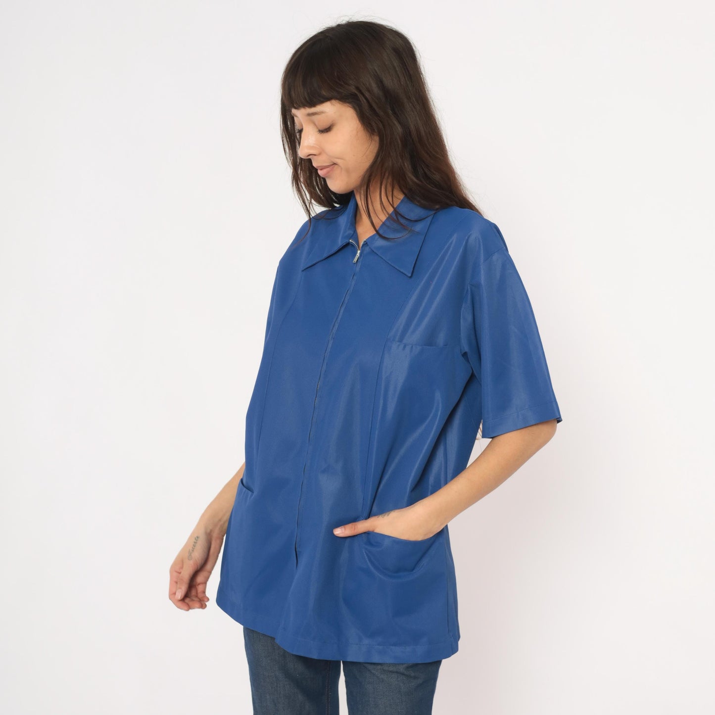 70s Sears Professional Apparel Cobalt Zip Jacket Short Sleeve Tunic Large