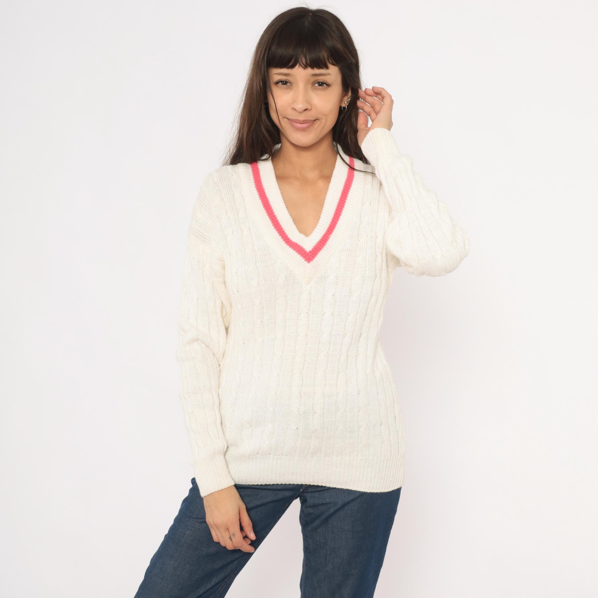 90s Boundary Waters Cable Knit V Neck Sweater Pink Stripe Ivory Small S