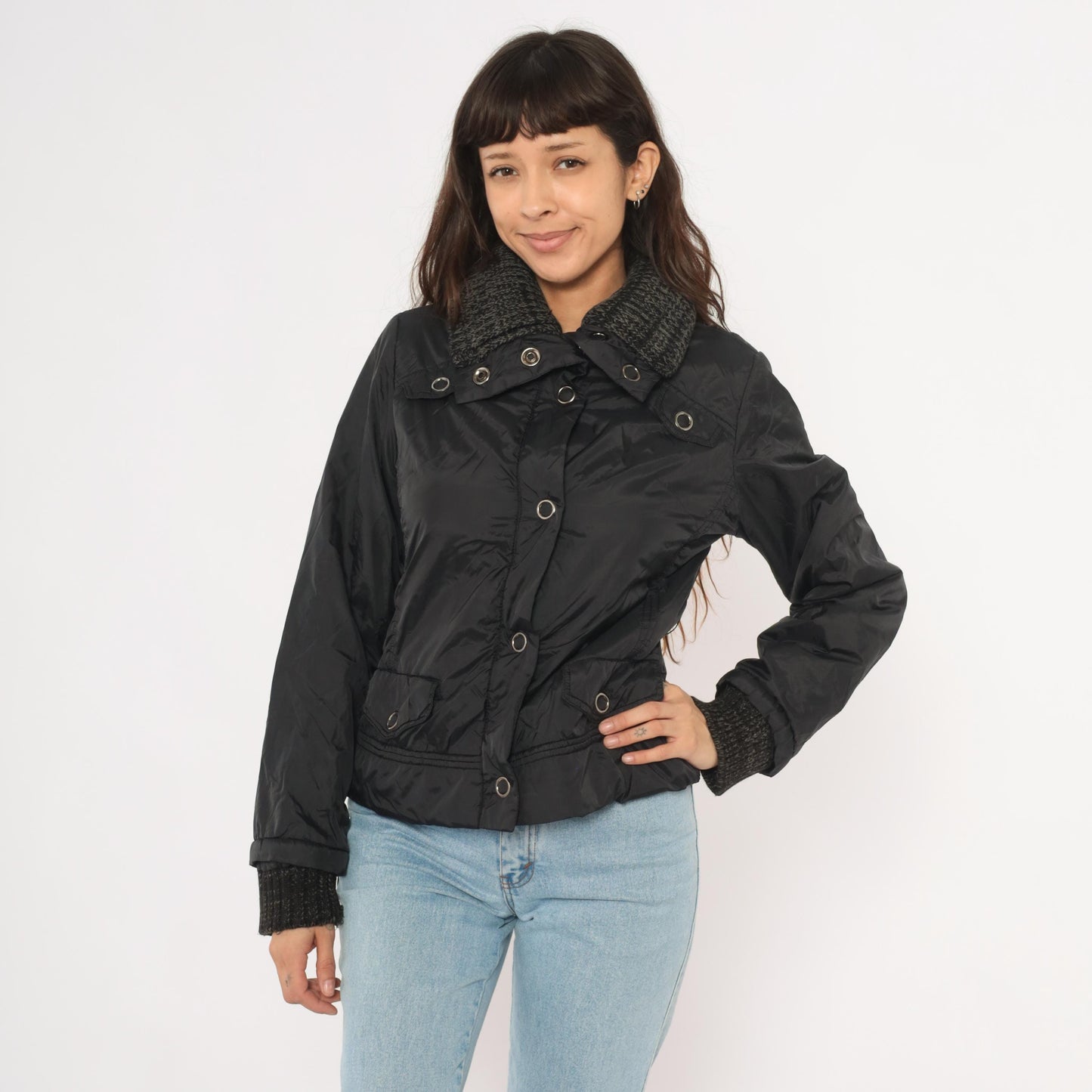 Y2K Dollhouse Black Bomber Jacket Snap Front Knit Collar Cropped Medium M