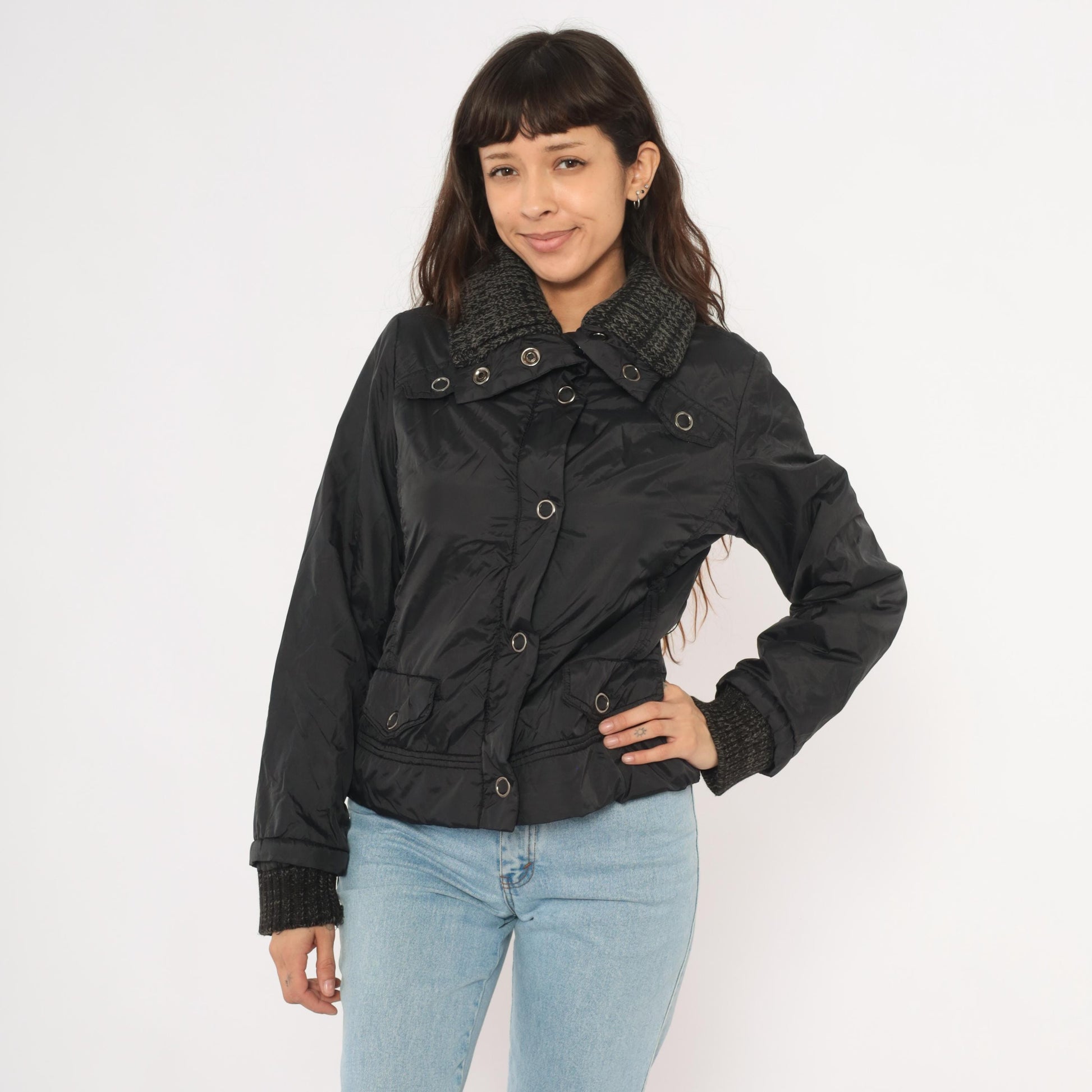 Y2K Dollhouse Black Bomber Jacket Snap Front Knit Collar Cropped Medium M