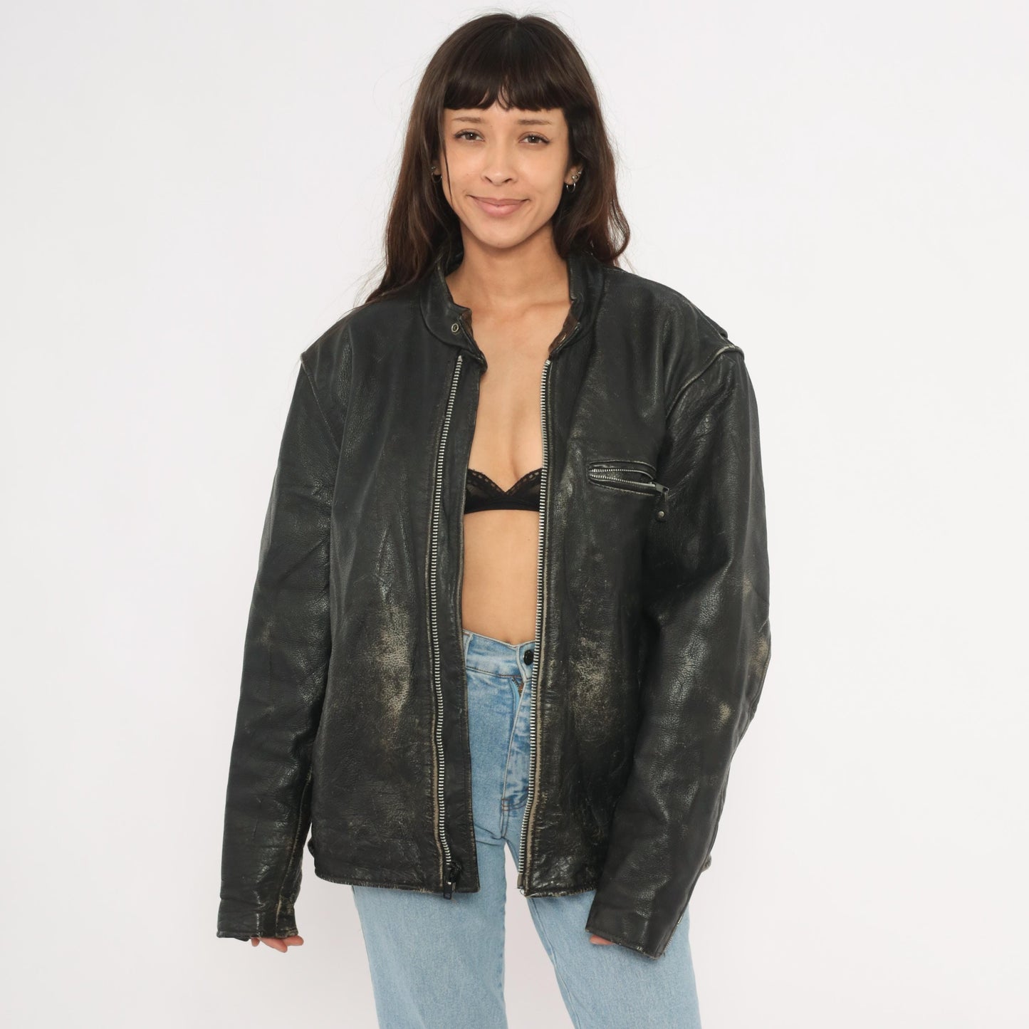 90s Unik Leather Cafe Racer Jacket Black Moto Coat Heavy Weight Extra Large