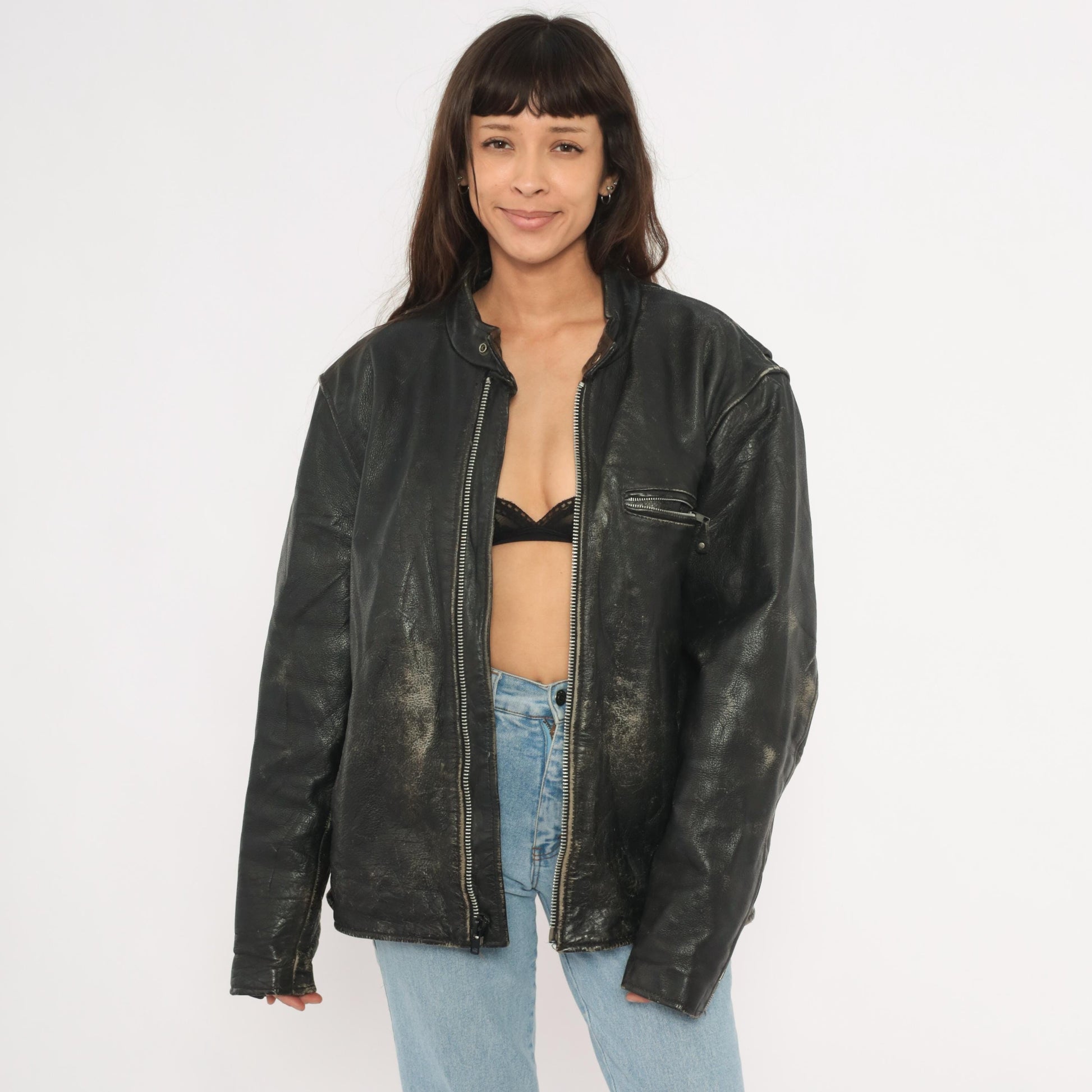 90s Unik Leather Cafe Racer Jacket Black Moto Coat Heavy Weight Extra Large