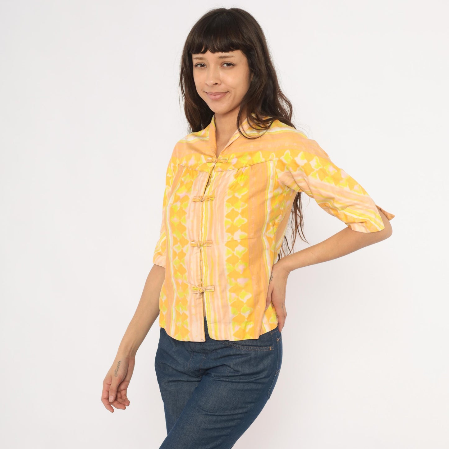 70s Frog Closure Blouse Yellow Geometric Print Mandarin Collar Three Quarter Sleeve Extra Small XS