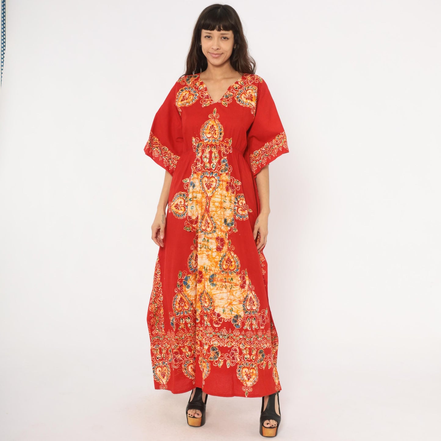 90s Red Paisley Batik Maxi Kaftan Empire Waist Flutter Sleeve Small Medium