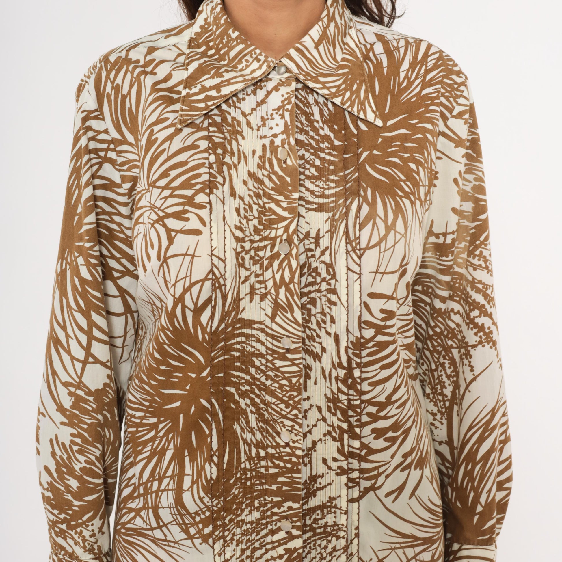 70s The Spectator Tropical Print Shirt Dress Brown Cream Knee Length Large L