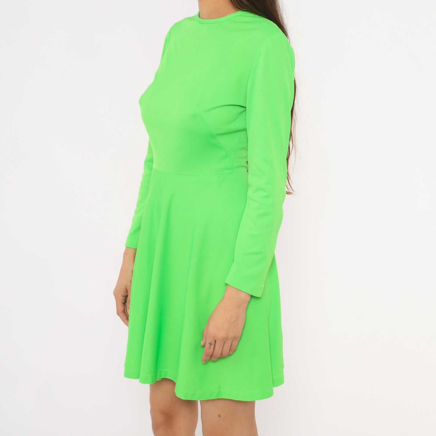 1970s Elegant Miss California Neon Green Mini Dress Long Sleeve A-Line Small S