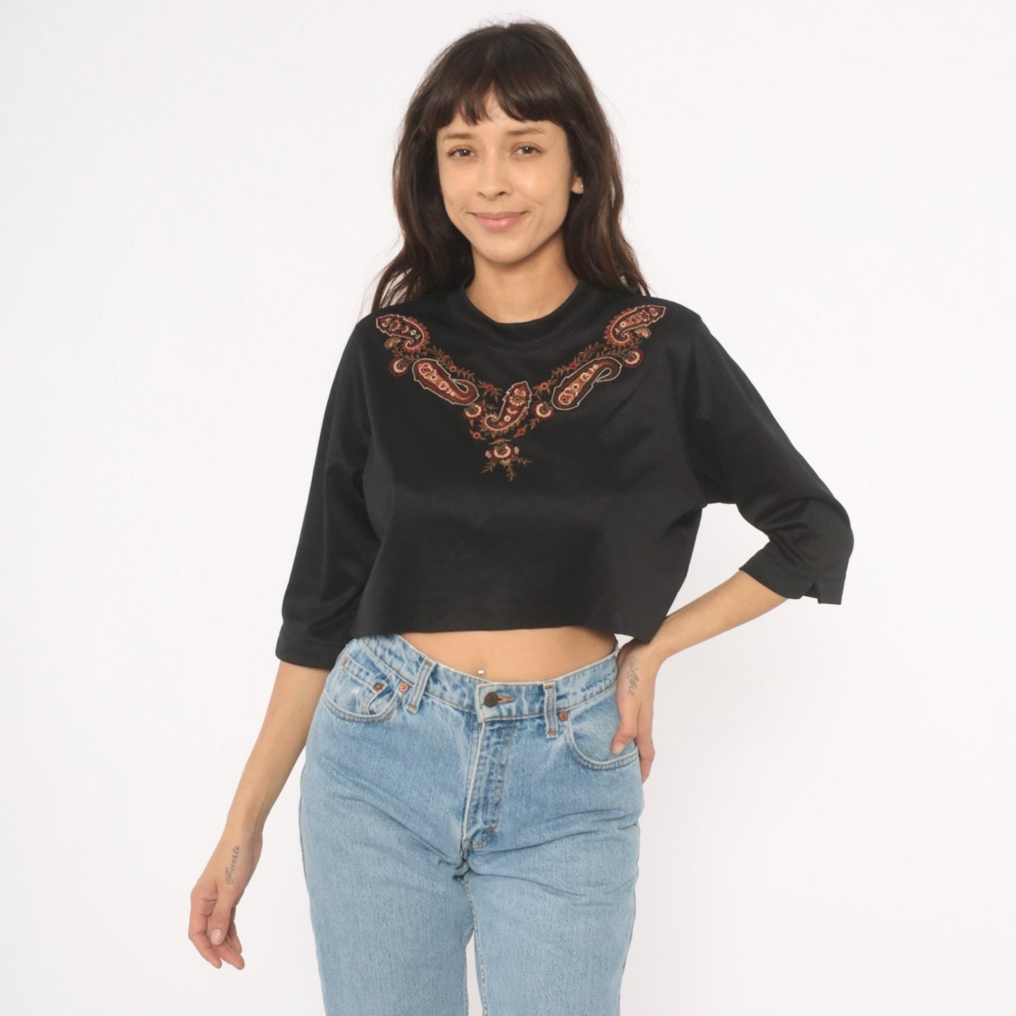 80s Bon Worth Paisley Embroidered Crop Top Black Three Quarter Sleeve Small