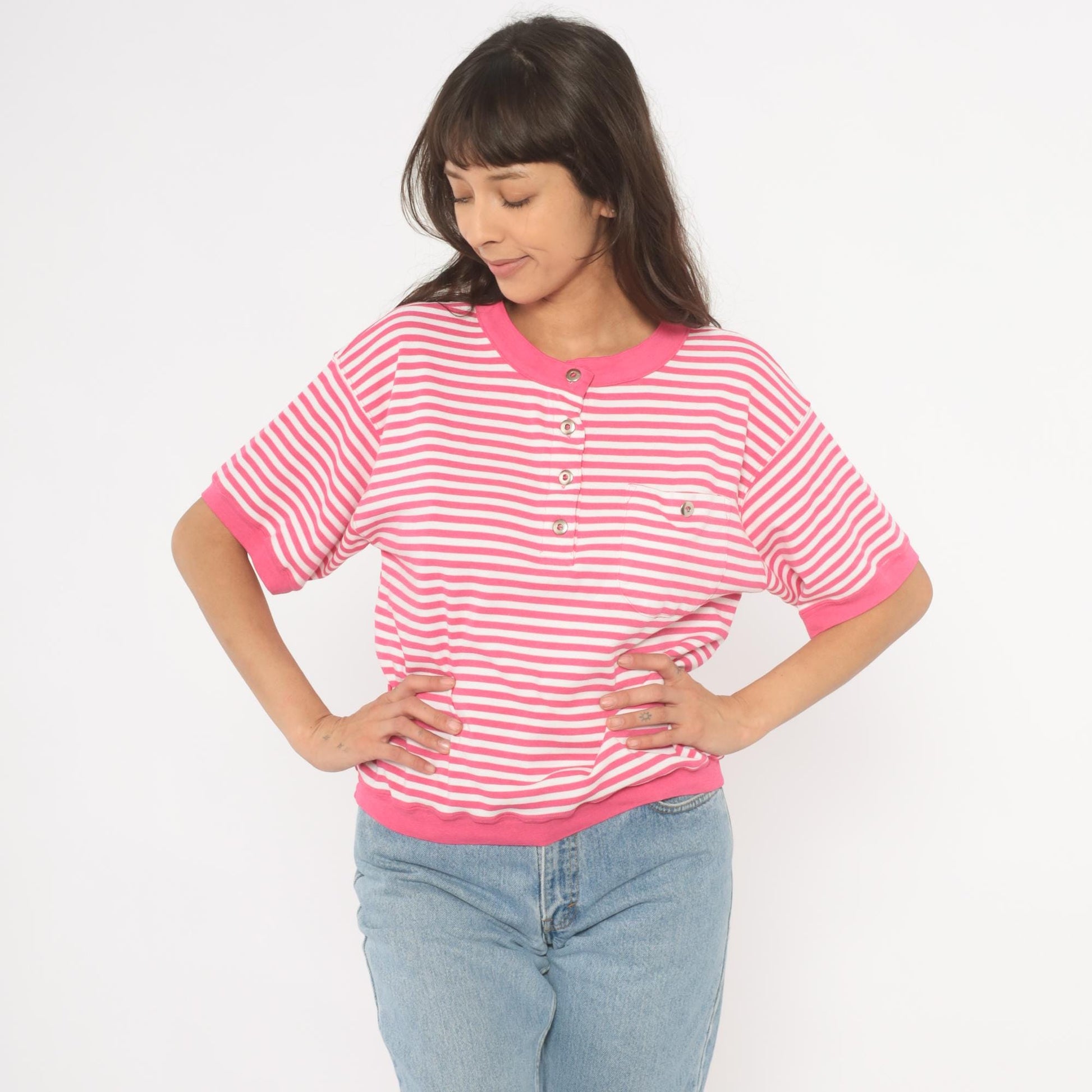 90s N Resource Pink Striped Henley Button Top Chest Pocket Medium