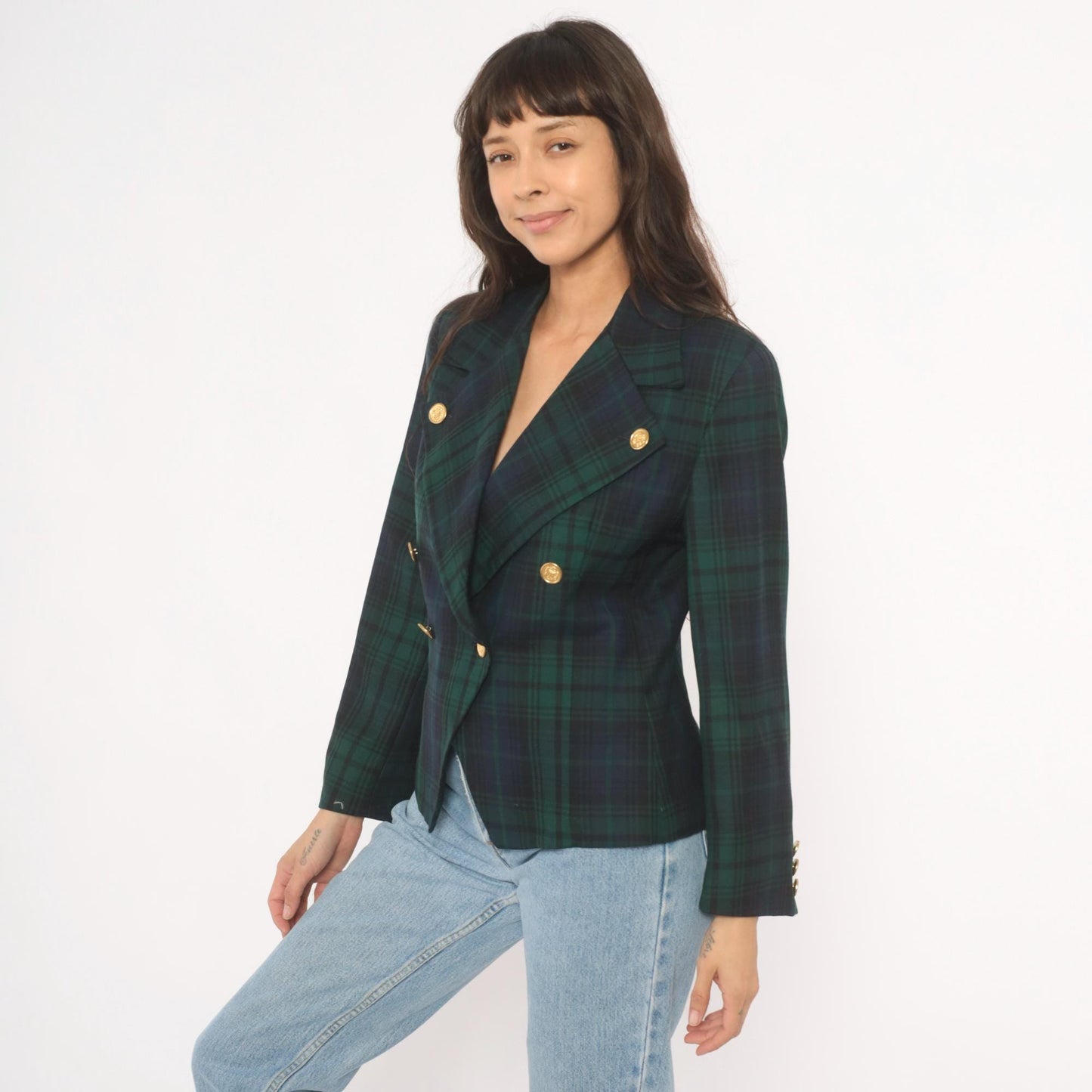 80s Rafaella Black Watch Tartan Wool Blazer Gold Button Peak Lapel Small S