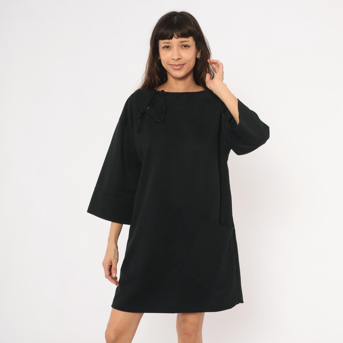 70s Black Shift Dress Lace-Up Neckline Bell Sleeve Patch Pockets Extra Large XL